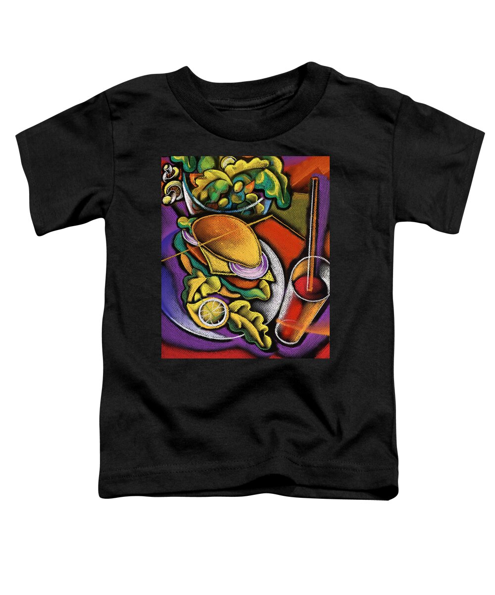 Appetite Appetizing Artwork Benefit Bowl Delicious Delight Devouring Diet Dieter Dieting Dining Dinner Dinnerware Dish Dishware Drawing Eating Edible Enjoyment Enticement Expectation Feasting Flatware Food Gracious Graphic Graphic Art Graphic Design Gratifying Health Healthy Heat Hospitality Hot Hunger Hungry Illustration Implement Lettuce Lifestyle Liquid Lunch Luncheon Lunchtime Meal Nobody Nourishment Nutrition Soup Dinner Food Toddler T-Shirt featuring the painting Food And Beverage by Leon Zernitsky