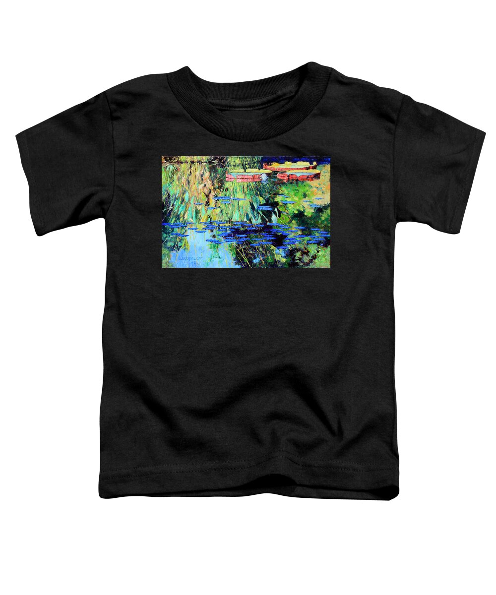 Garden Pond Toddler T-Shirt featuring the painting Summer Colors on the Pond #2 by John Lautermilch