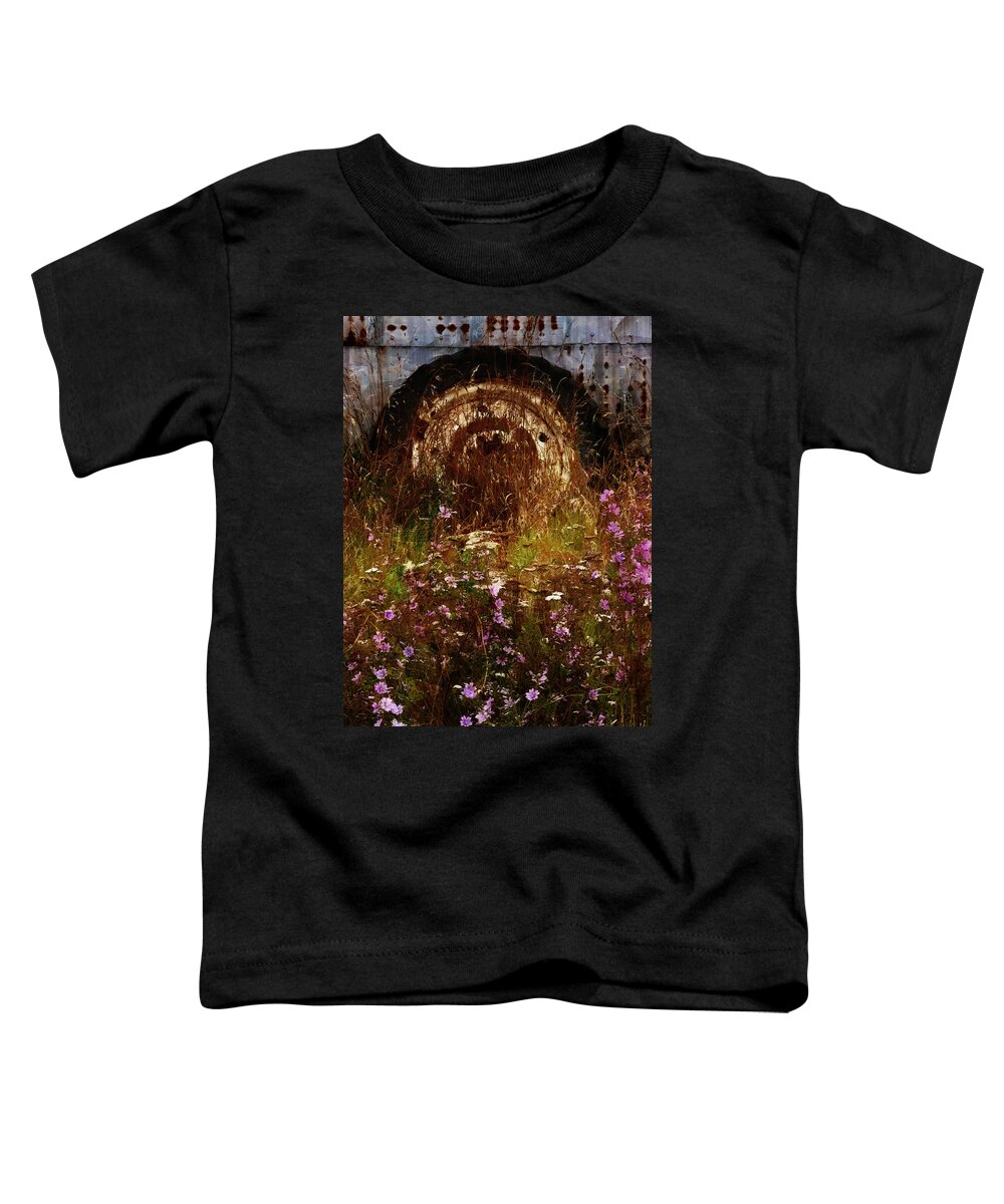 Building; Canterbury; Christchurch; Corrugated; Farm; Flora; Flower; Grass; Iron; New Zealand; Nz; Plant; South Island; Weeds; Rust Toddler T-Shirt featuring the photograph The Spare Wheel #1 by Steve Taylor