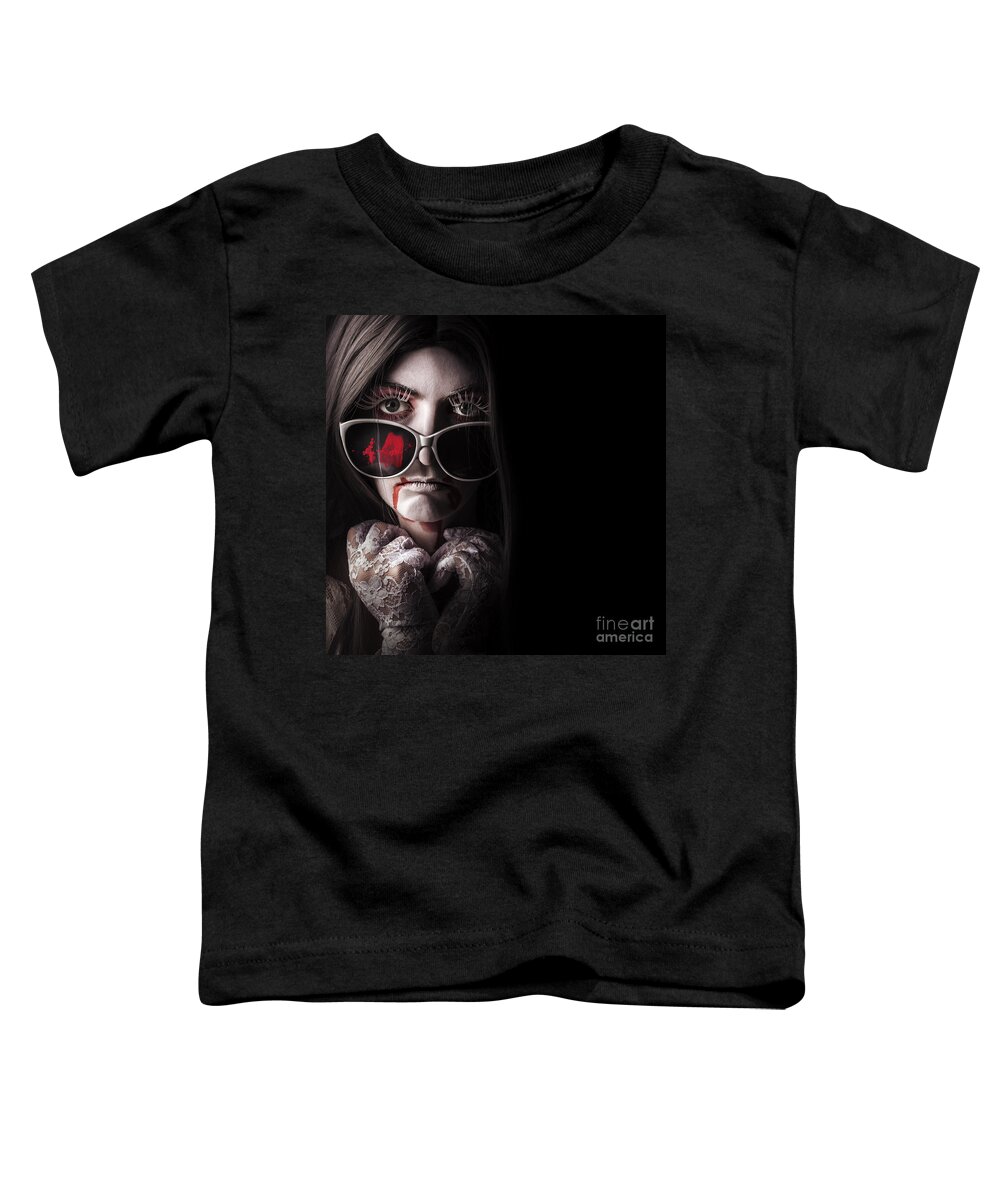 Fashion Toddler T-Shirt featuring the photograph Vampire in the dark. Horror fashion portrait #1 by Jorgo Photography