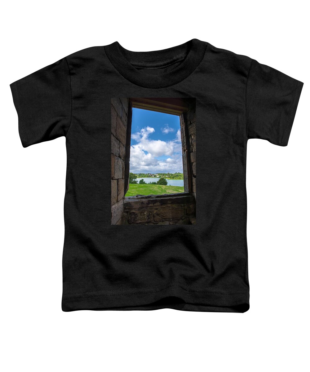 Scotland Toddler T-Shirt featuring the photograph Window in Linlithgow Palace with view to a beautiful scottish landscape by Andreas Berthold