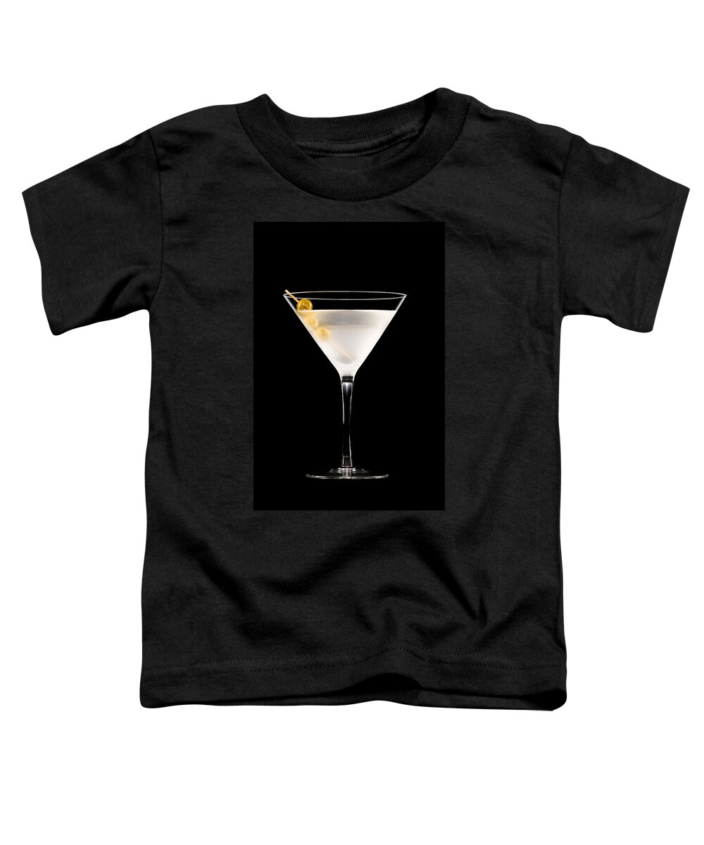Alcohol; Alcoholic; Beverage; Classic; Clear; Closeup; Cocktail; Cool; Drink; Dry; Elegant; Food; Gin; Glass; Green; Liquid; Liquor; Martini; Olive; Olives; Refreshment; Skewer; Snack; Spirit; Stirred; Studio; Transparent; Vermouth; Vodka; White Toddler T-Shirt featuring the photograph Vodka Martini #2 by U Schade