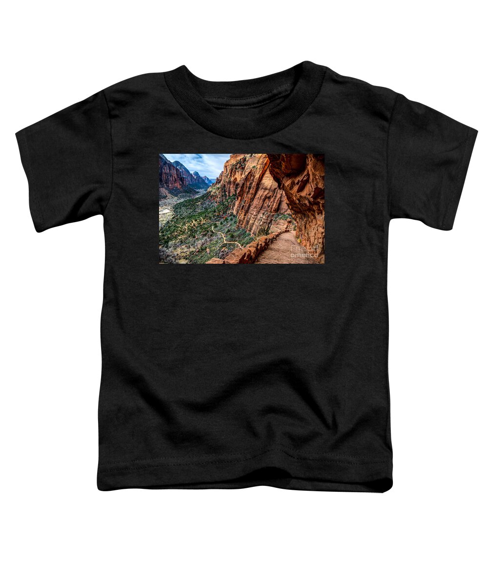 Angels Landing Toddler T-Shirt featuring the photograph Angels Landing Trail from High Above Zion Canyon Floor by Gary Whitton