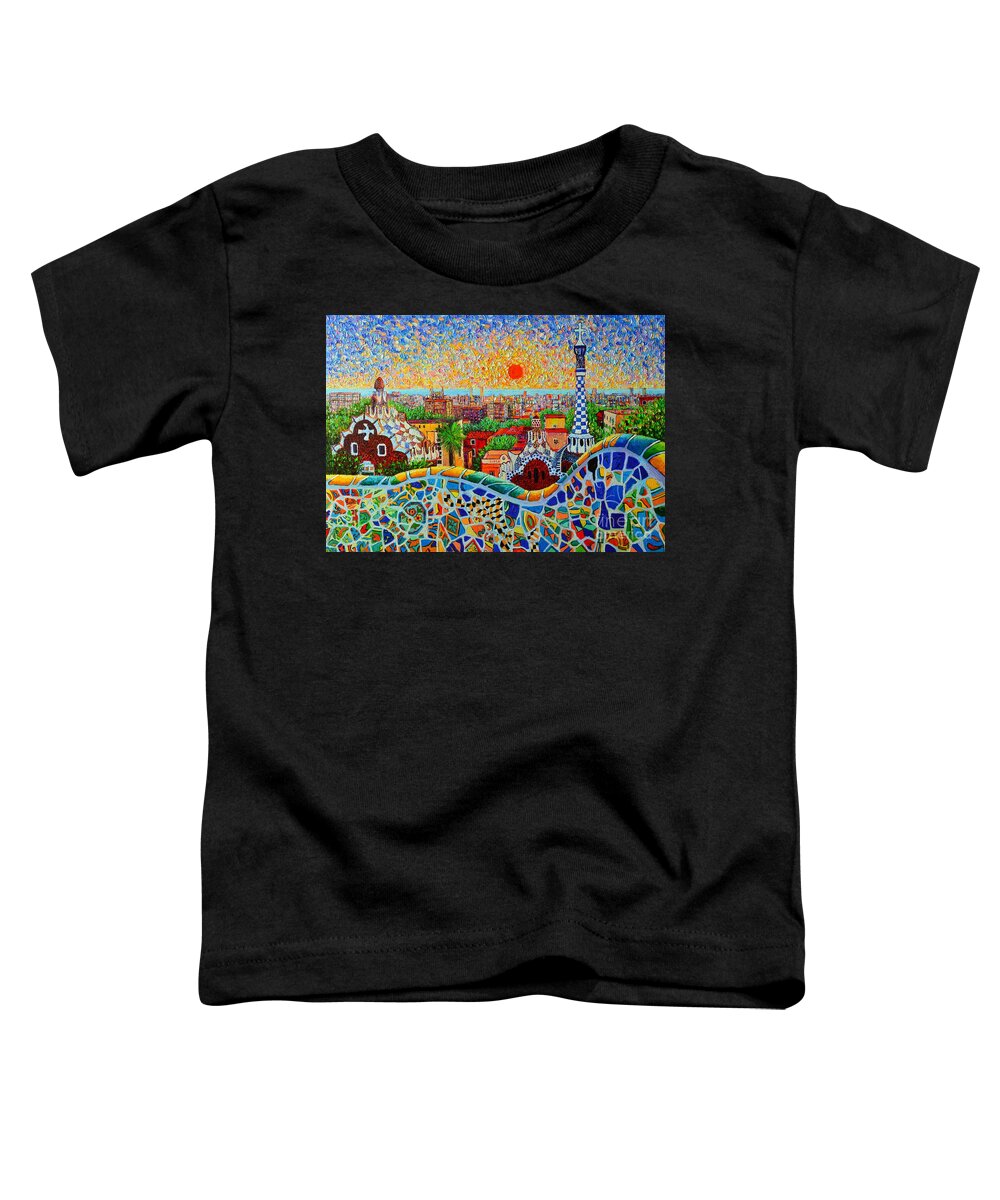 Barcelona Toddler T-Shirt featuring the painting Barcelona View At Sunrise - Park Guell Of Gaudi by Ana Maria Edulescu