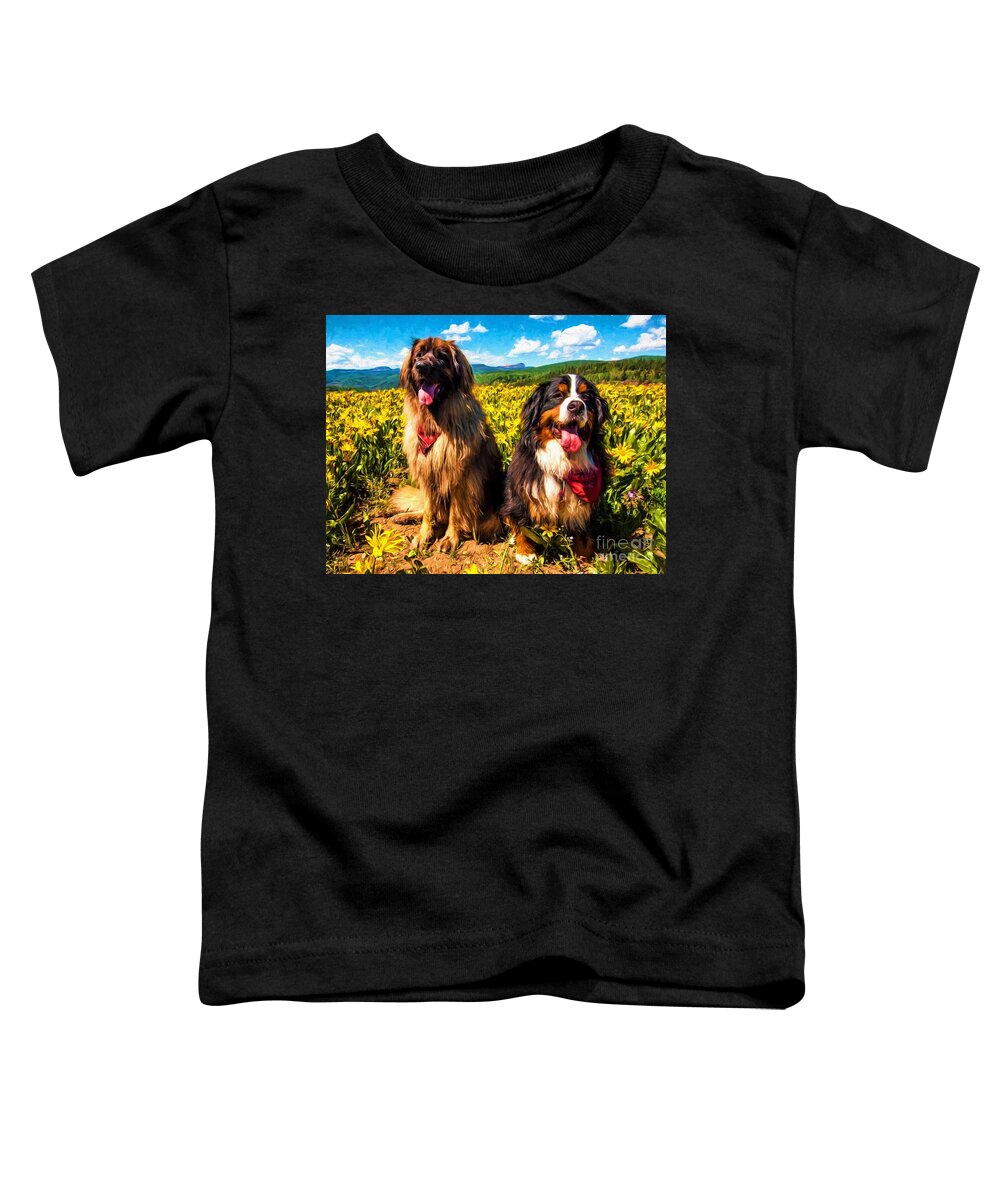 Bernese Mountain Dog Toddler T-Shirt featuring the painting Bernese Mountain Dog and Leonberger Among Wildflowers by Gary Whitton