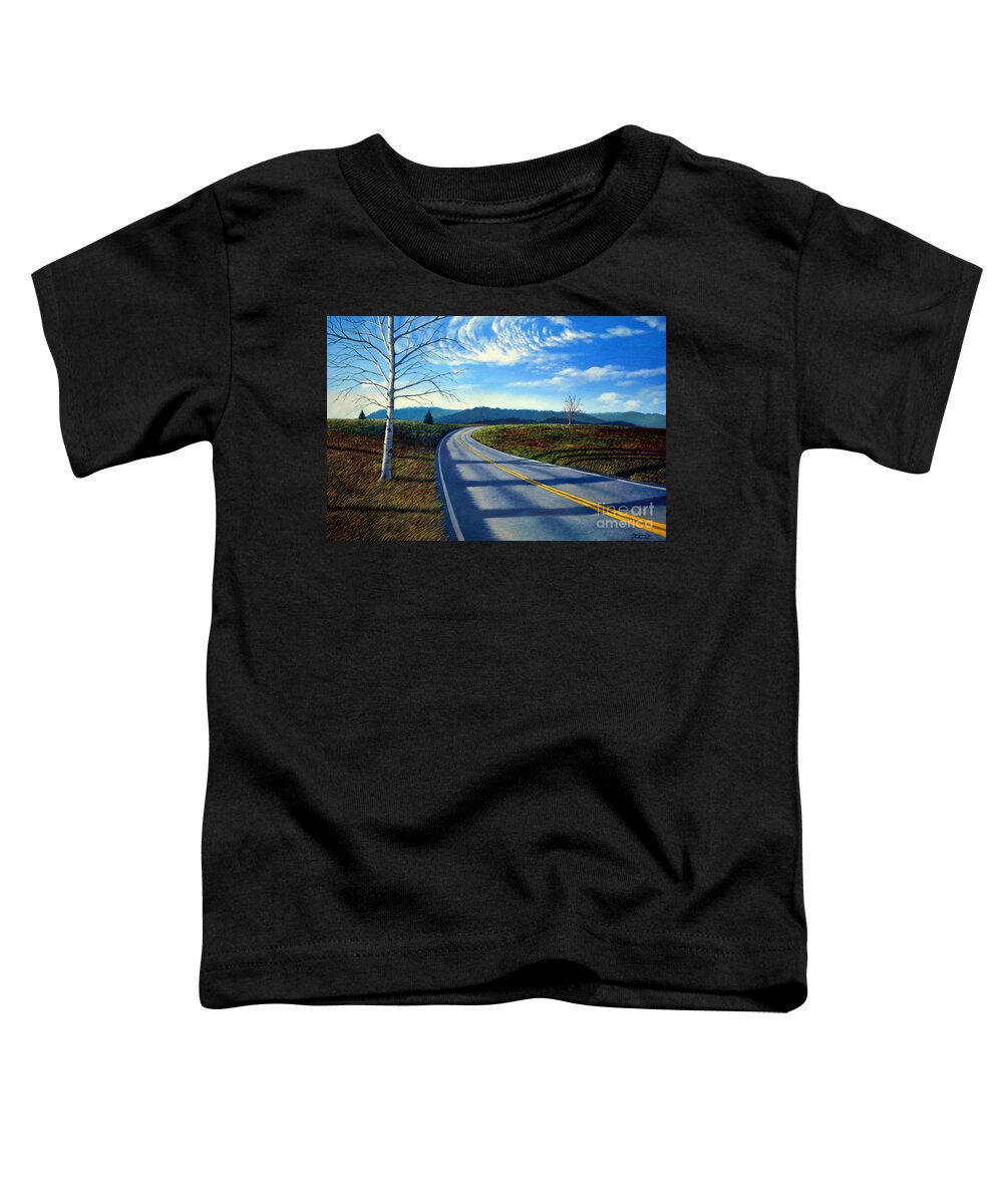 Birch Toddler T-Shirt featuring the painting Birch tree along the road by Christopher Shellhammer
