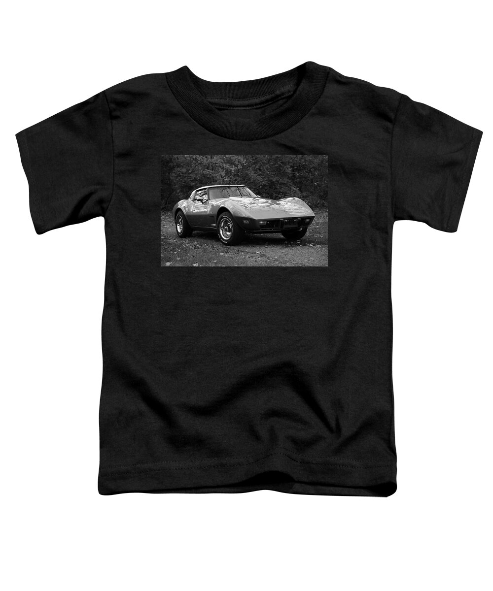 Black And White Gray Corvette Toddler T-Shirt featuring the photograph Black and White Gray Corvette by PJQandFriends Photography