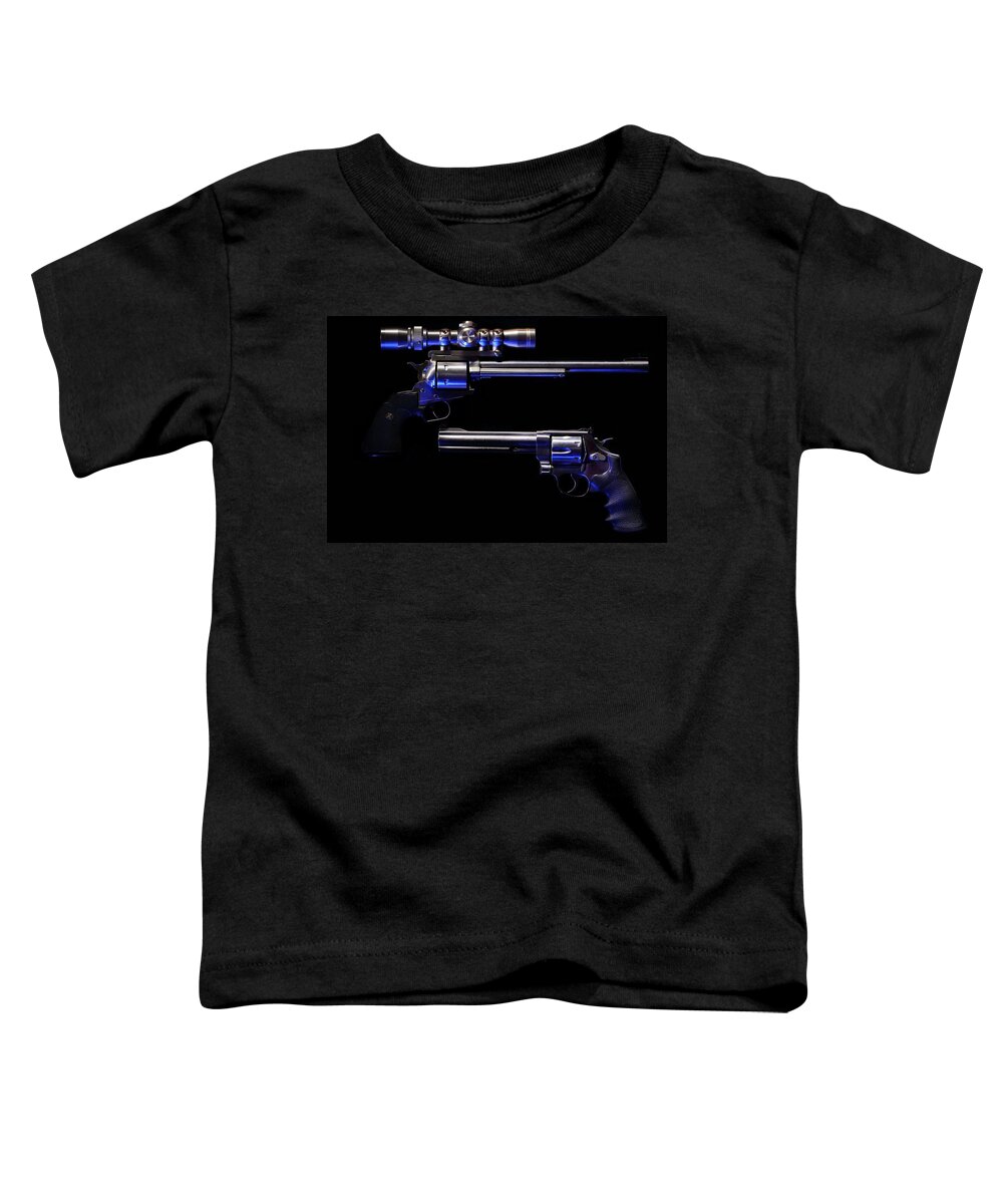 44 Magnum Toddler T-Shirt featuring the photograph Blue Kissed Pistols by David Andersen