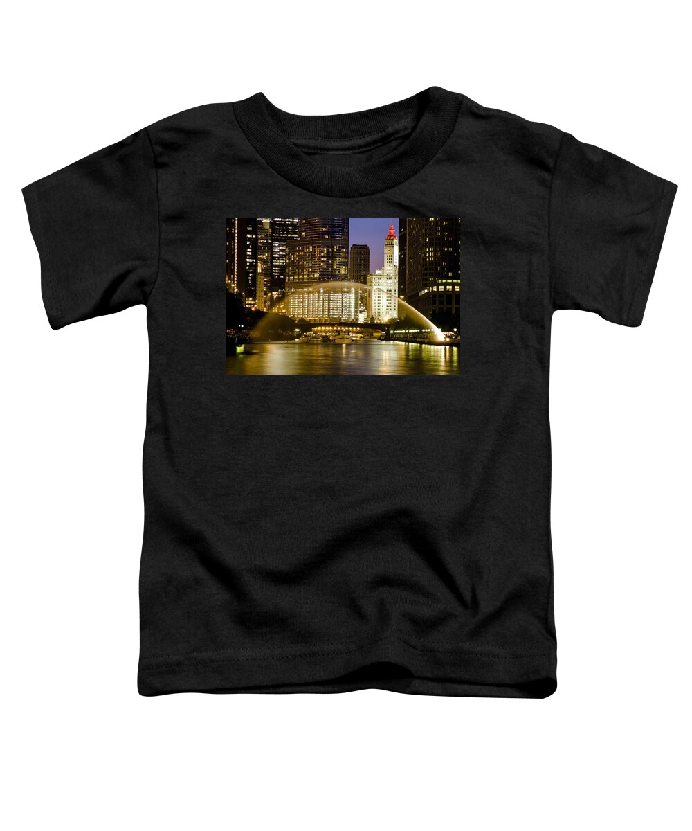 Chicago River Toddler T-Shirt featuring the Centennial fountain over Chicago RIver at dusk by Sven Brogren