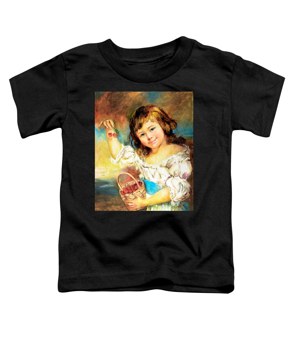 Girl Toddler T-Shirt featuring the painting Cherry Basket girl by Sher Nasser