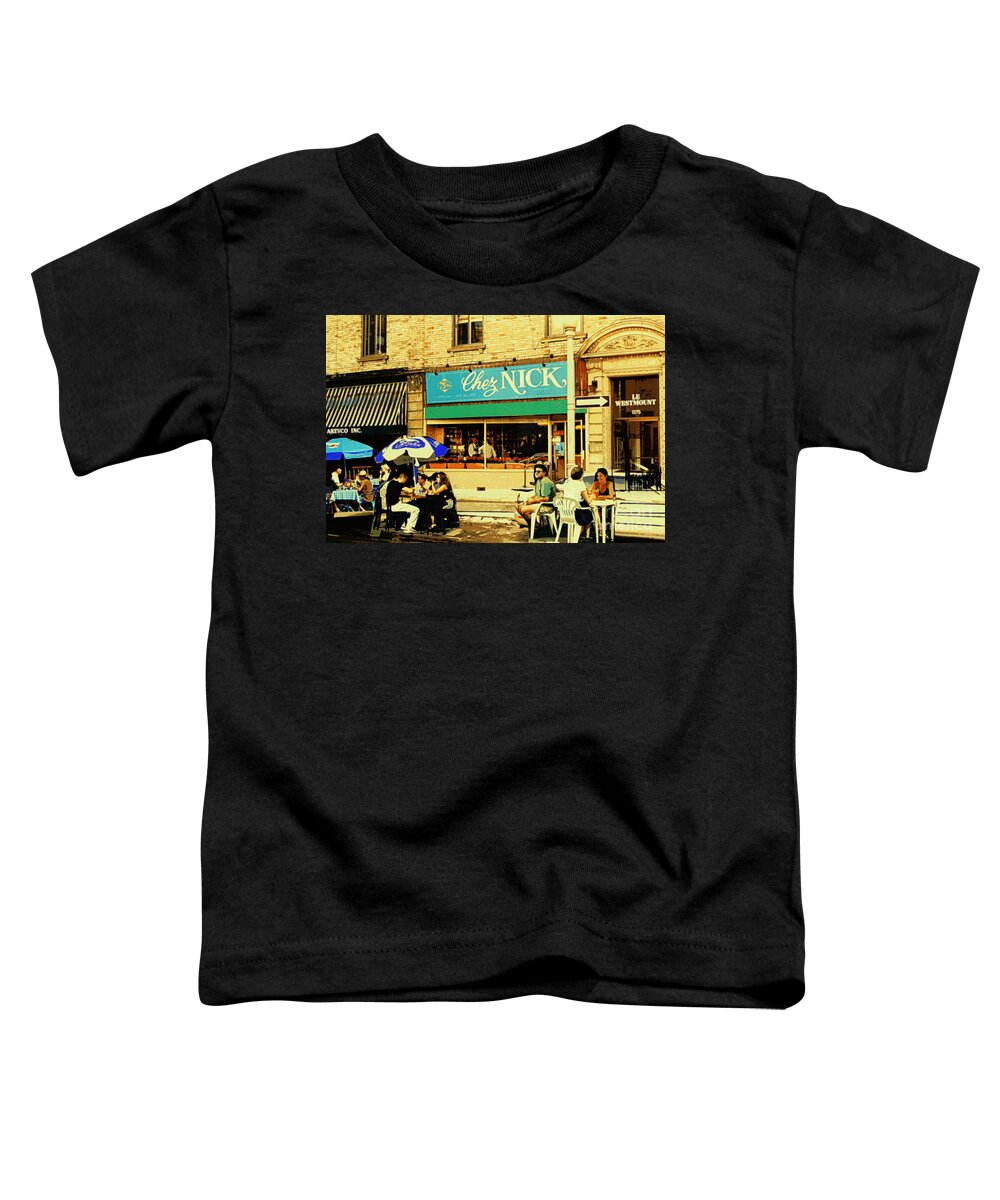 Chez Nick Toddler T-Shirt featuring the painting Chez Nick On Greene Avenue Montreal In Summer Cafe Art Westmount Terrace Bistros And Umbrellas by Carole Spandau