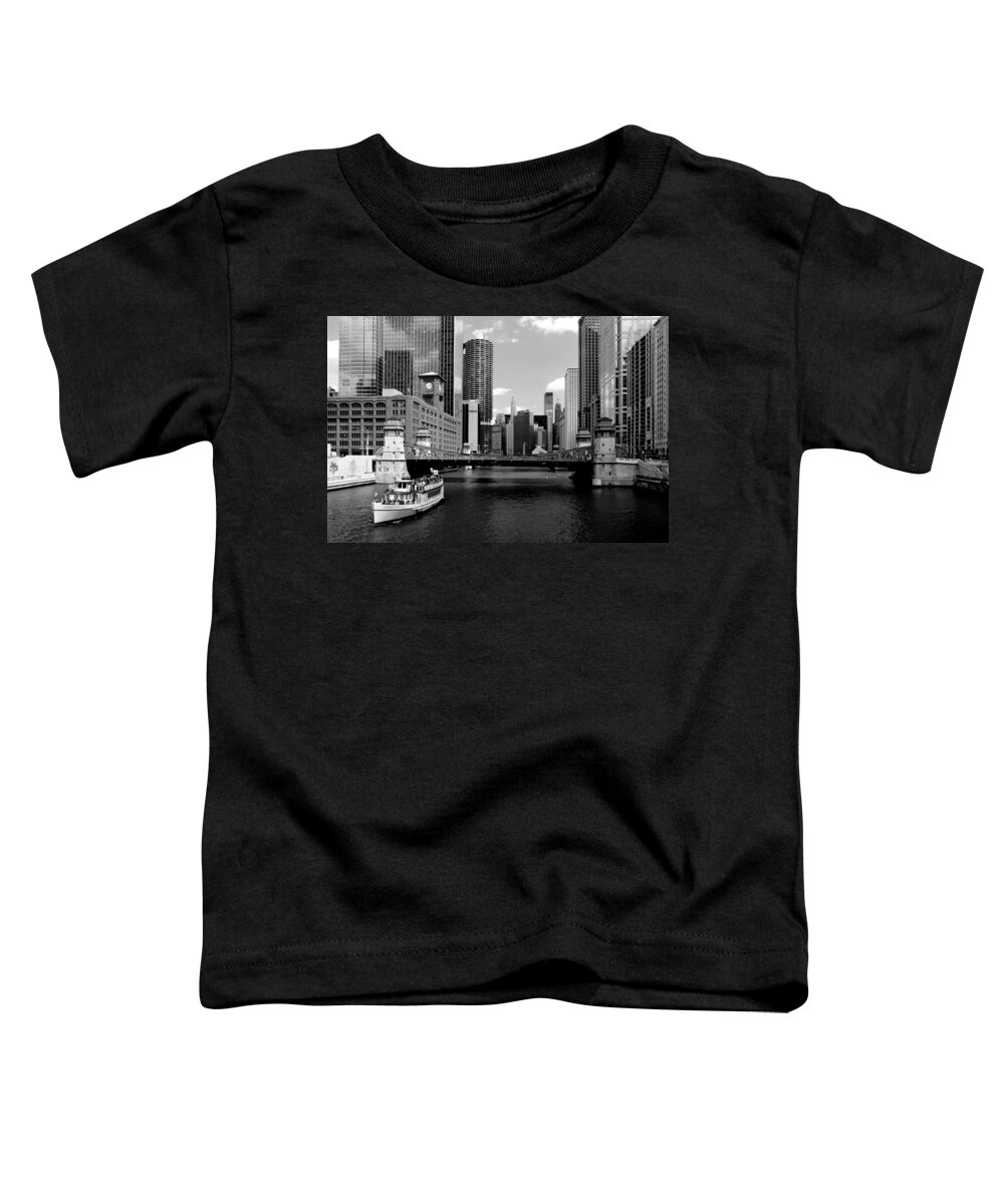 Bridge Toddler T-Shirt featuring the photograph Chicago River Skyline Bridge Boat by Patrick Malon
