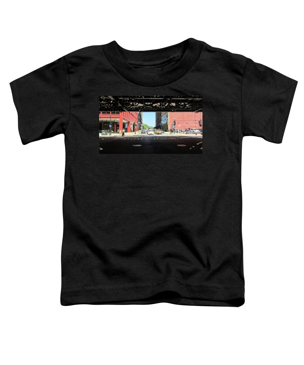 Chicago Toddler T-Shirt featuring the photograph Chicago Traffic Under the L Tracks  by Anita Burgermeister