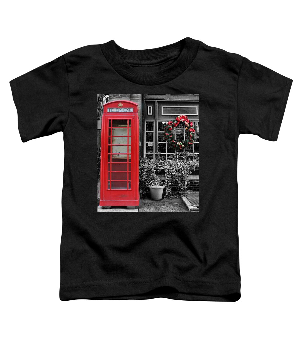 The Red Telephone Box Toddler T-Shirt featuring the photograph Christmas - The Red Telephone Box and Christmas Wreath III by Lee Dos Santos