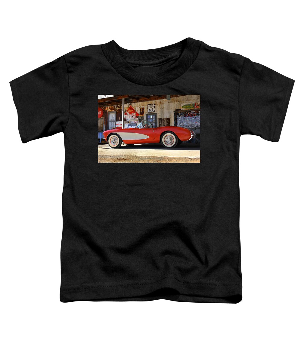 Corvette Toddler T-Shirt featuring the photograph Classic Corvette on Route 66 by Mike McGlothlen