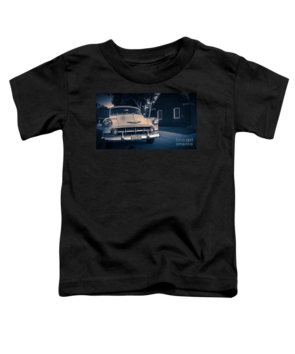 Vintage. Old Toddler T-Shirt featuring the photograph Classic old Chevy car at night by Edward Fielding