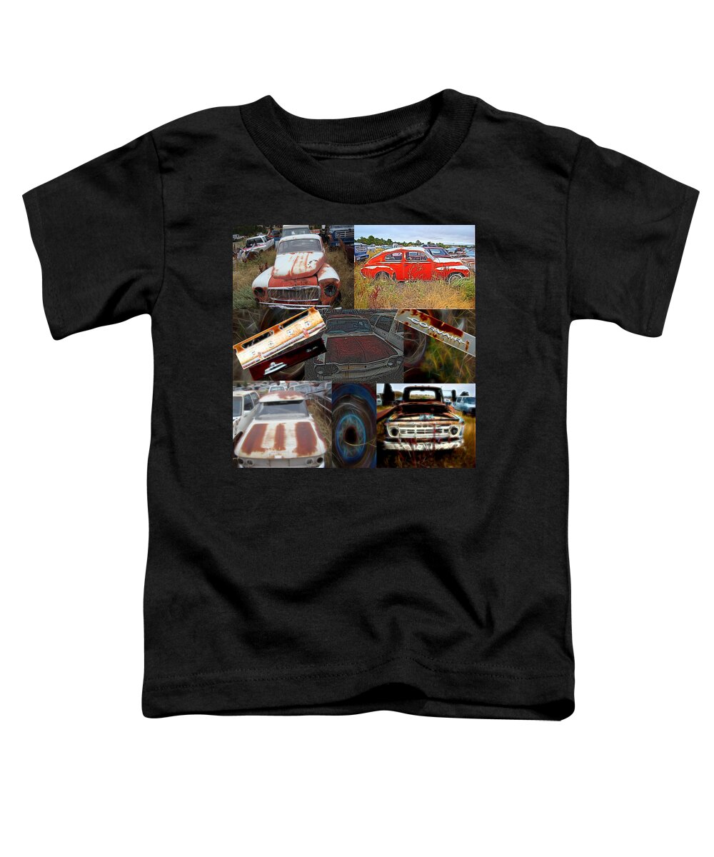 Composition Cars Toddler T-Shirt featuring the digital art Composition Cars in the Junkyard by Cathy Anderson