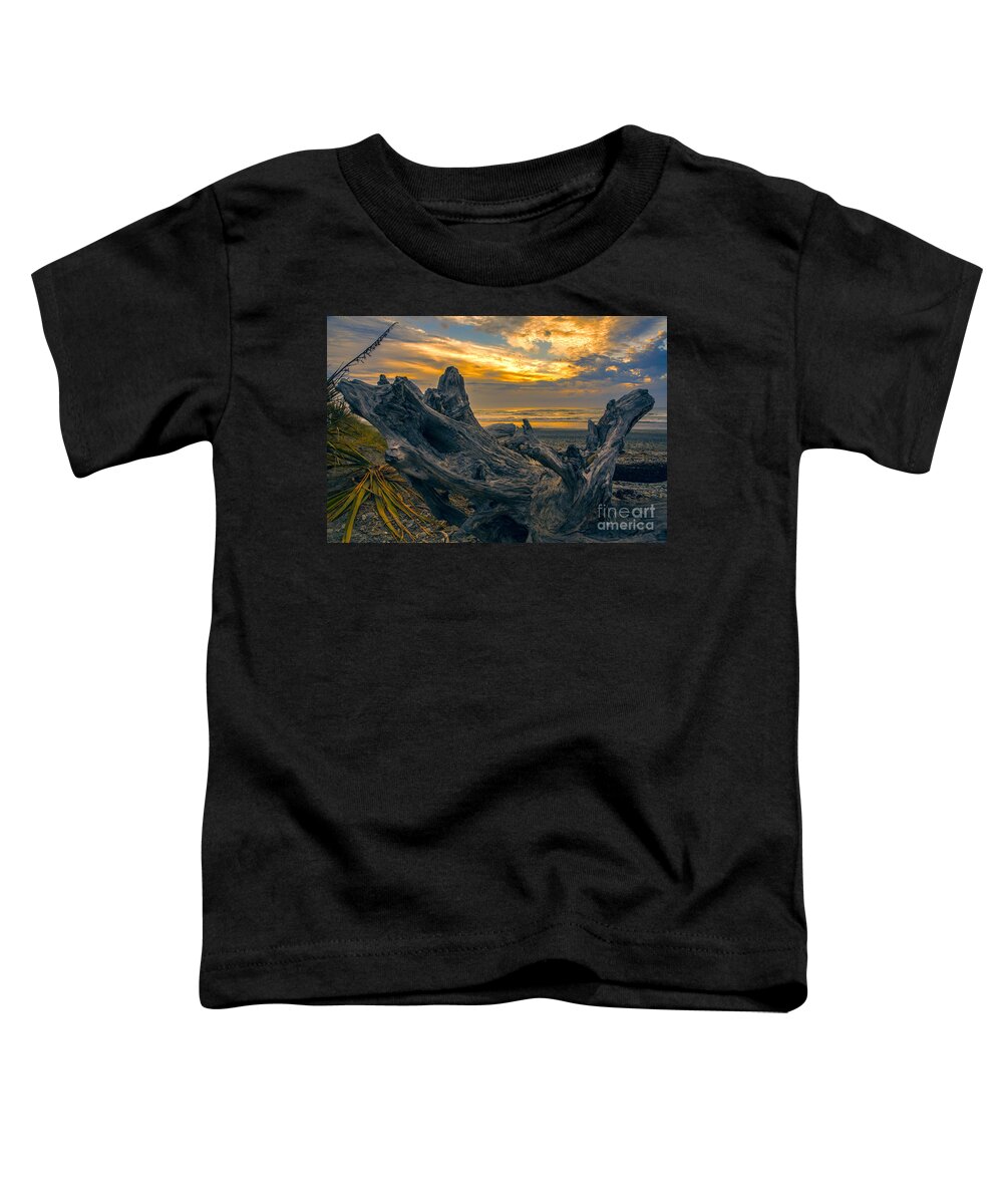 Dead Tree On Beach Toddler T-Shirt featuring the photograph Dead tree at sunset by Sheila Smart Fine Art Photography