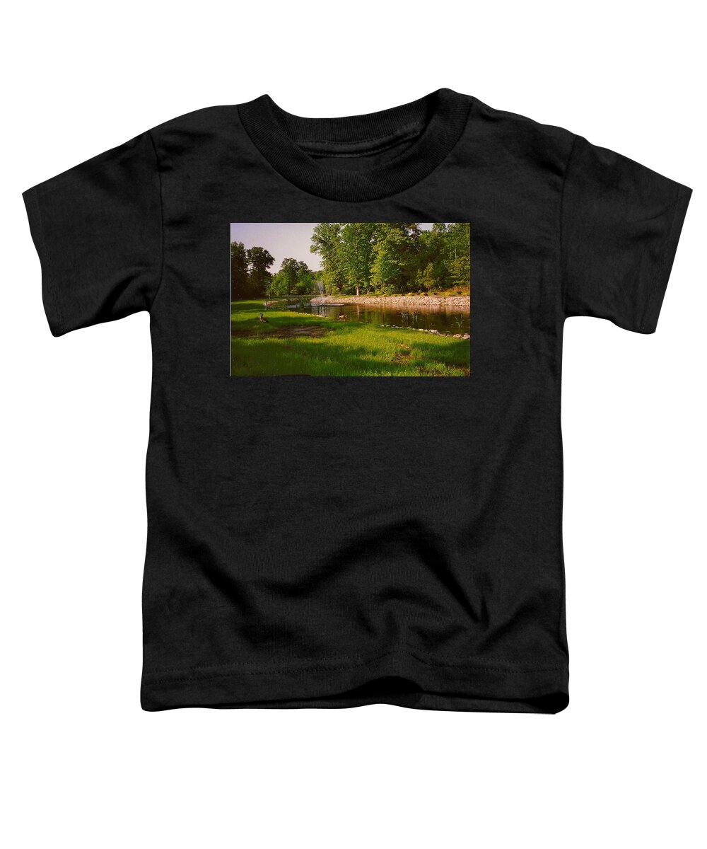 Ducks Toddler T-Shirt featuring the photograph Duck Pond With Water Fountain by Chris W Photography AKA Christian Wilson