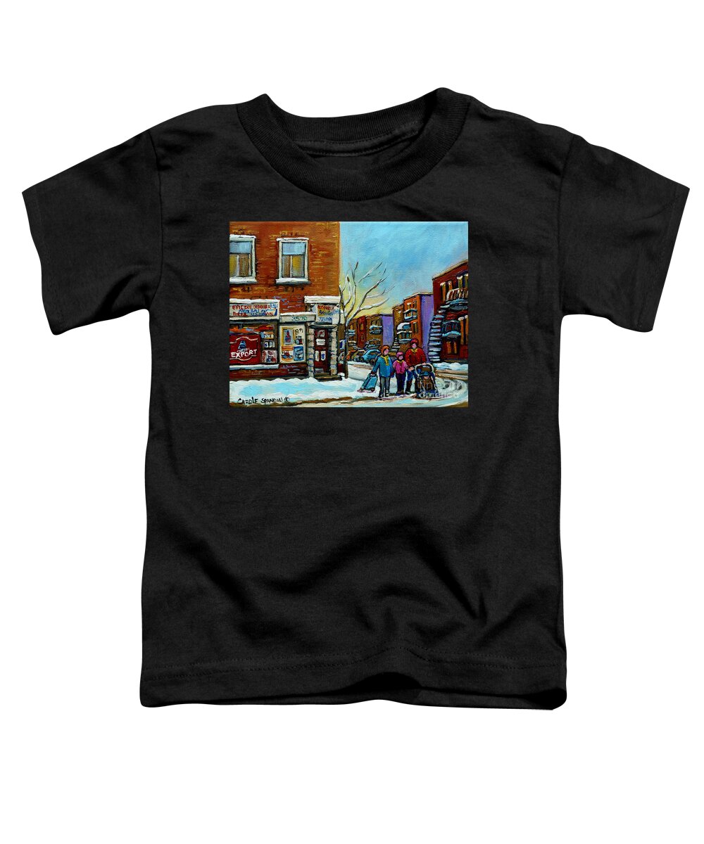 Montreal Toddler T-Shirt featuring the painting Epicerie Depanneur Beaulieu Montreal by Carole Spandau