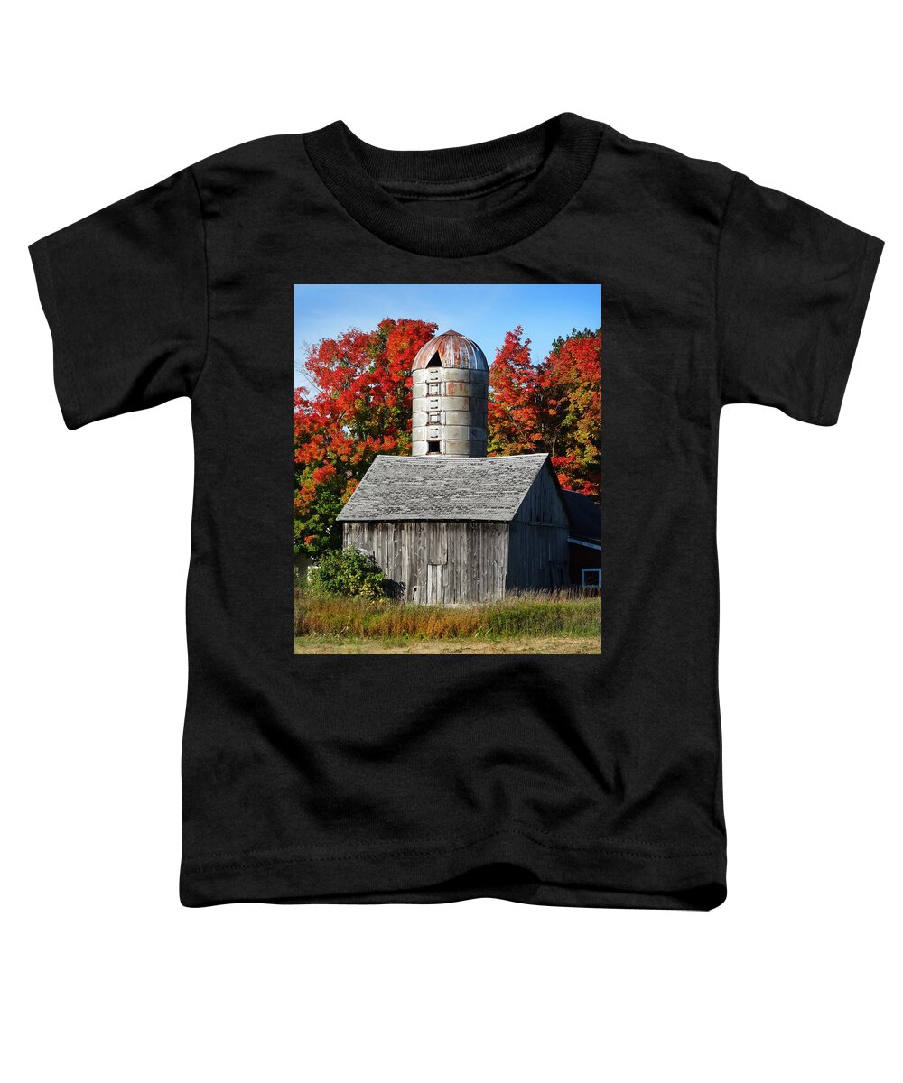 Silo Toddler T-Shirt featuring the photograph Fall Weathered Barn and Silo by David T Wilkinson