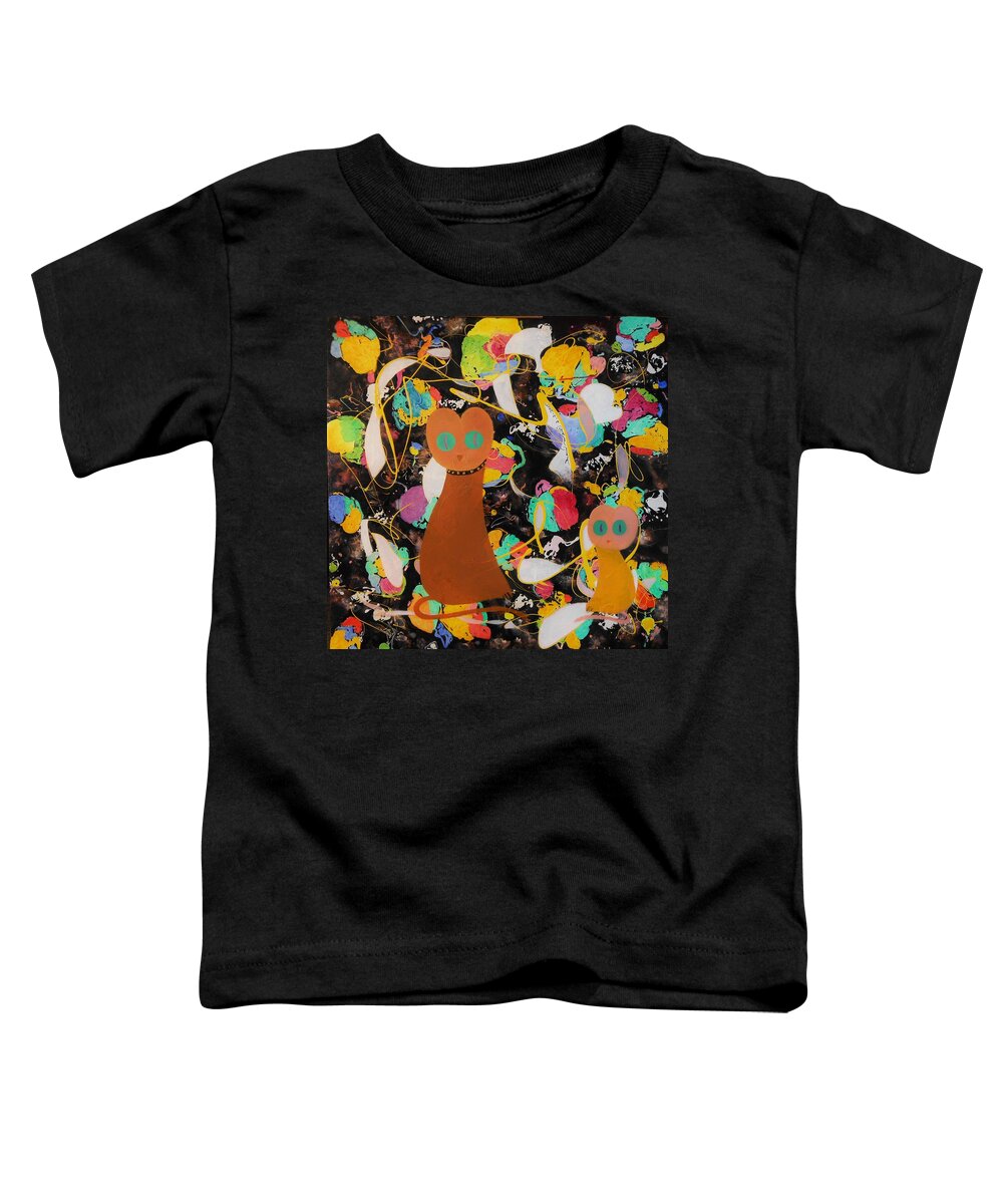 Gatita Fillet Meow Pussy Cat Big Small Colorful Humorous Whimsical Funny Green Black Playful Immagination Cats Lines Yellow White Brown Golden Beige Eyes Kitten Kittens Collar Sitting Looking Abstract Original Toddler T-Shirt featuring the painting Gatita - Fillet Meow by David MINTZ