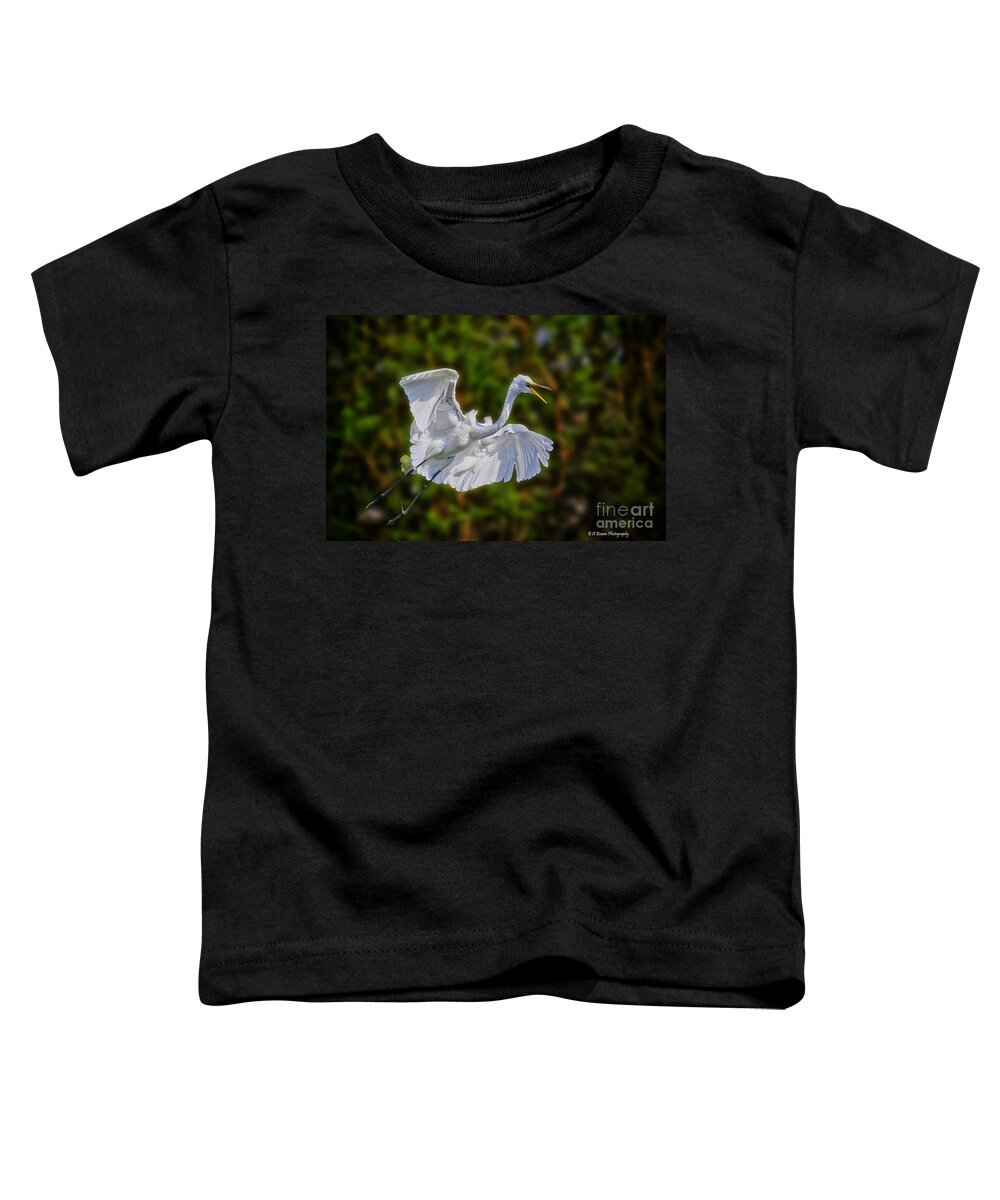 Great Egret Toddler T-Shirt featuring the photograph Great Egret in flight by Barbara Bowen