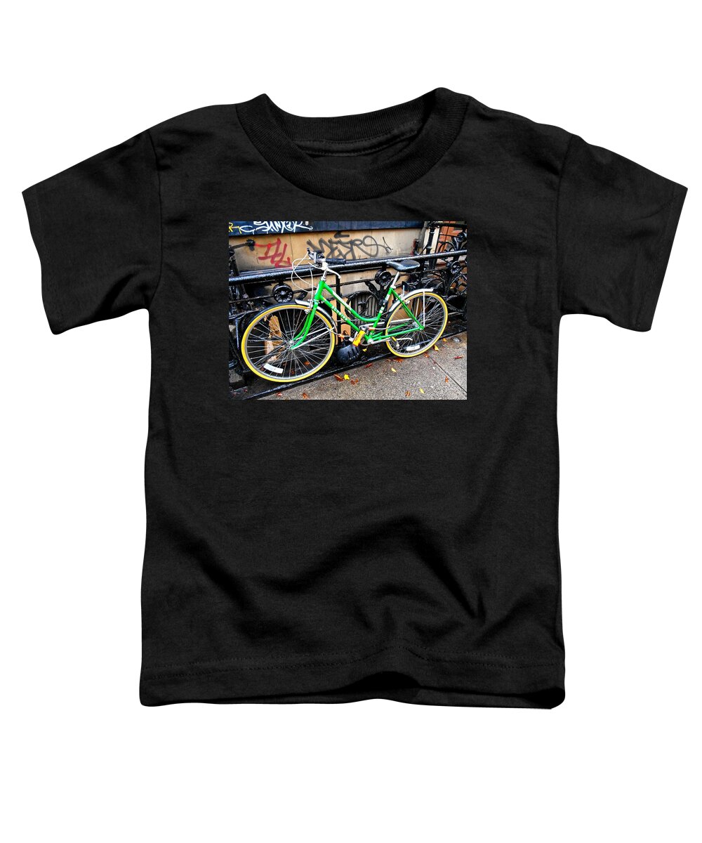New York City Bicycle Toddler T-Shirt featuring the photograph Green Schwinn Bike NYC by Joan Reese