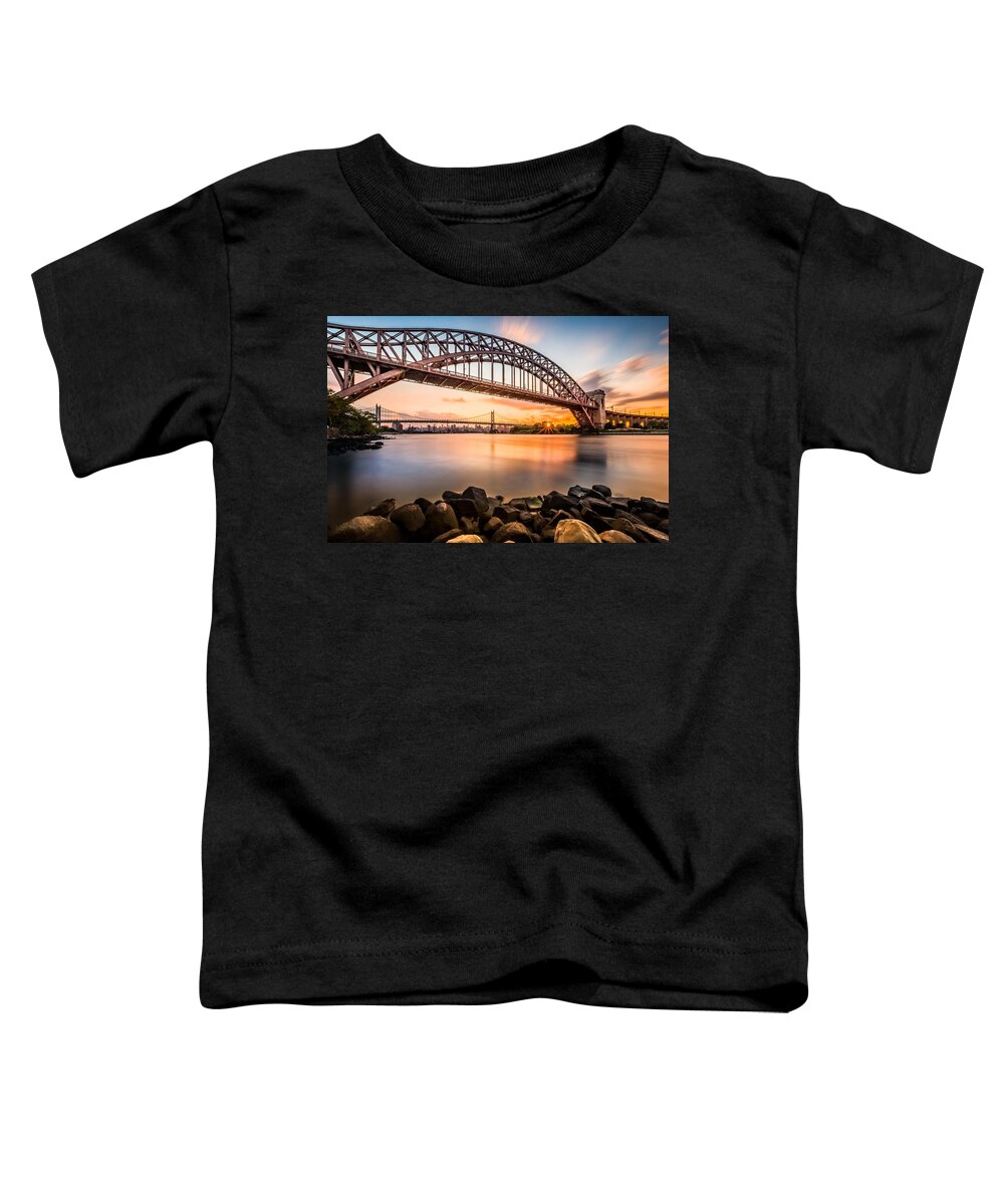 Hell Gate Toddler T-Shirt featuring the photograph Hell Gate and Triboro bridge at sunset by Mihai Andritoiu