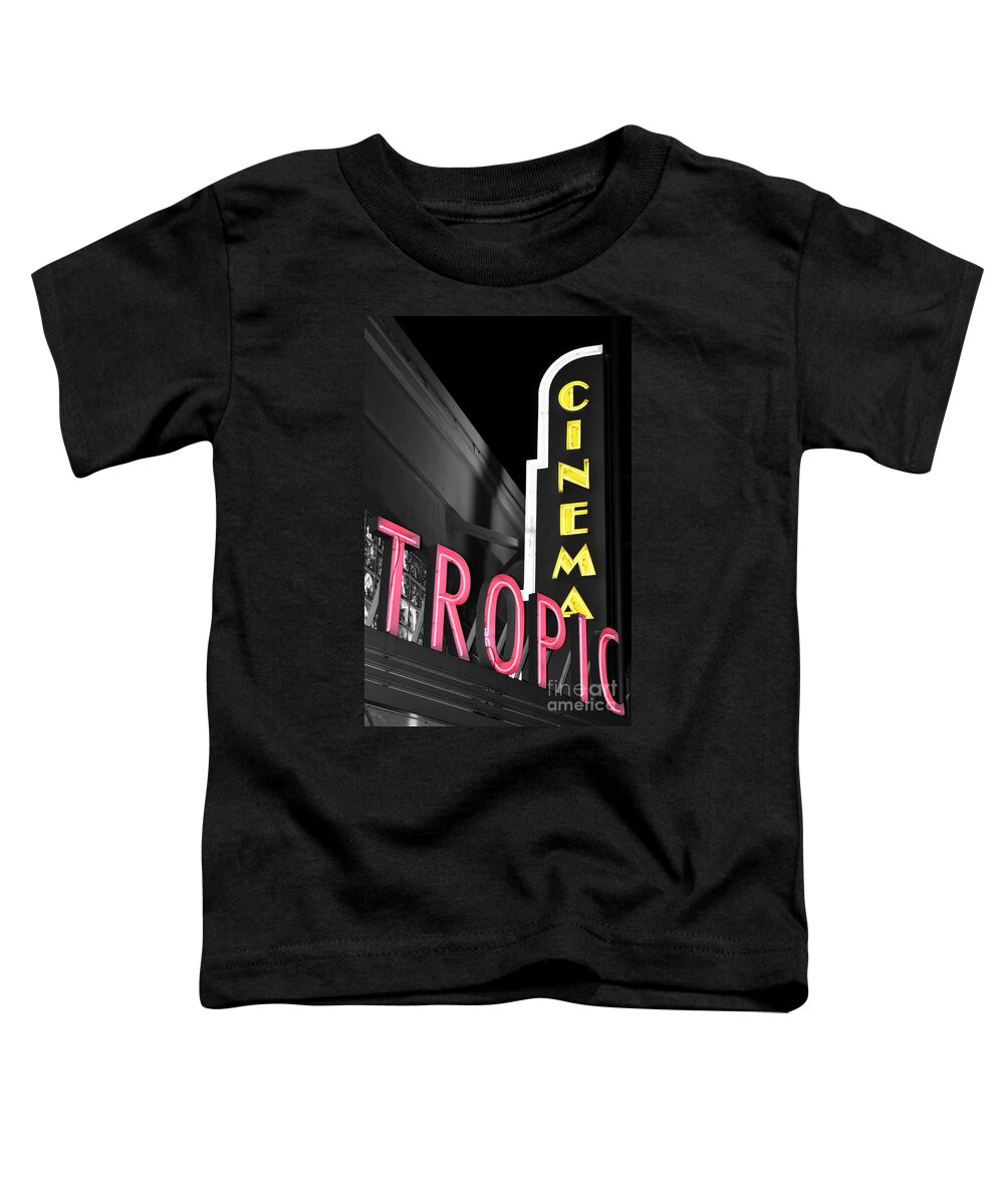 Cinema Tropic Toddler T-Shirt featuring the photograph Key West Tropic Cinema Neon Art Deco Theater Signs Color Splash Black and White by Shawn O'Brien