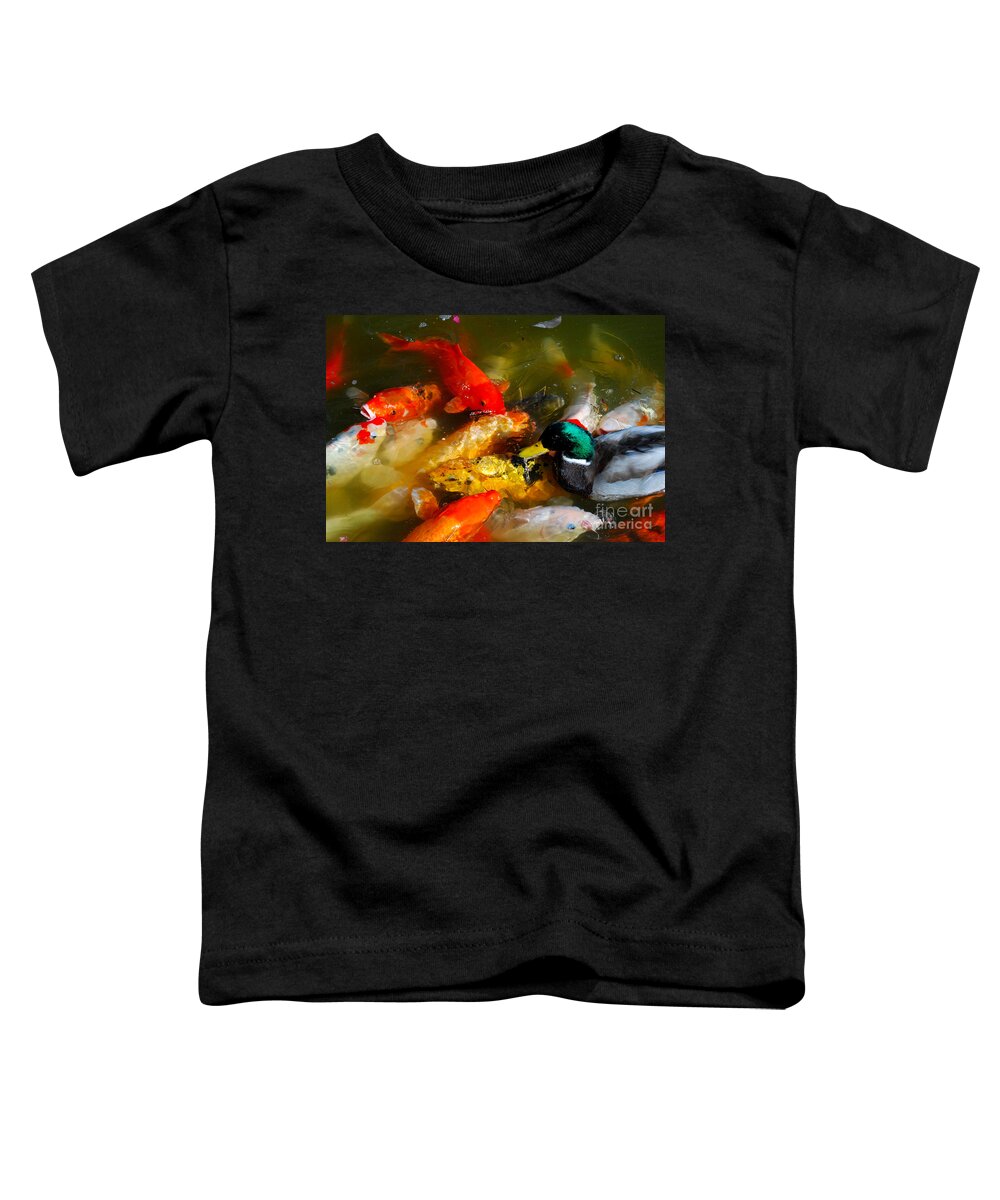 Koi Toddler T-Shirt featuring the photograph Koi and Mallard Duck I by Nancy Mueller