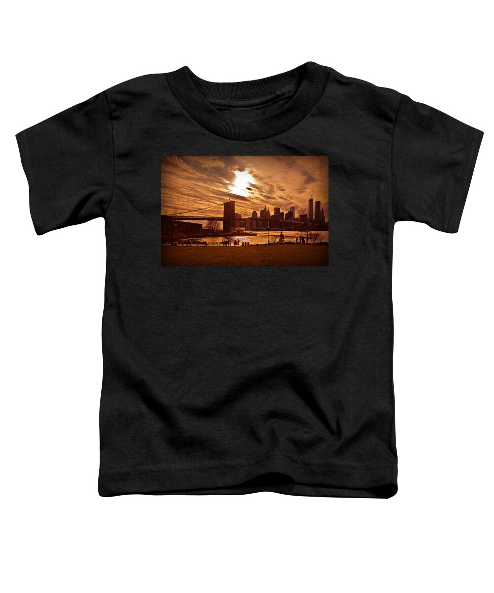 New York Toddler T-Shirt featuring the photograph New York Skyline and Brooklyn Bridge -- Late Afternoon by Mitchell R Grosky