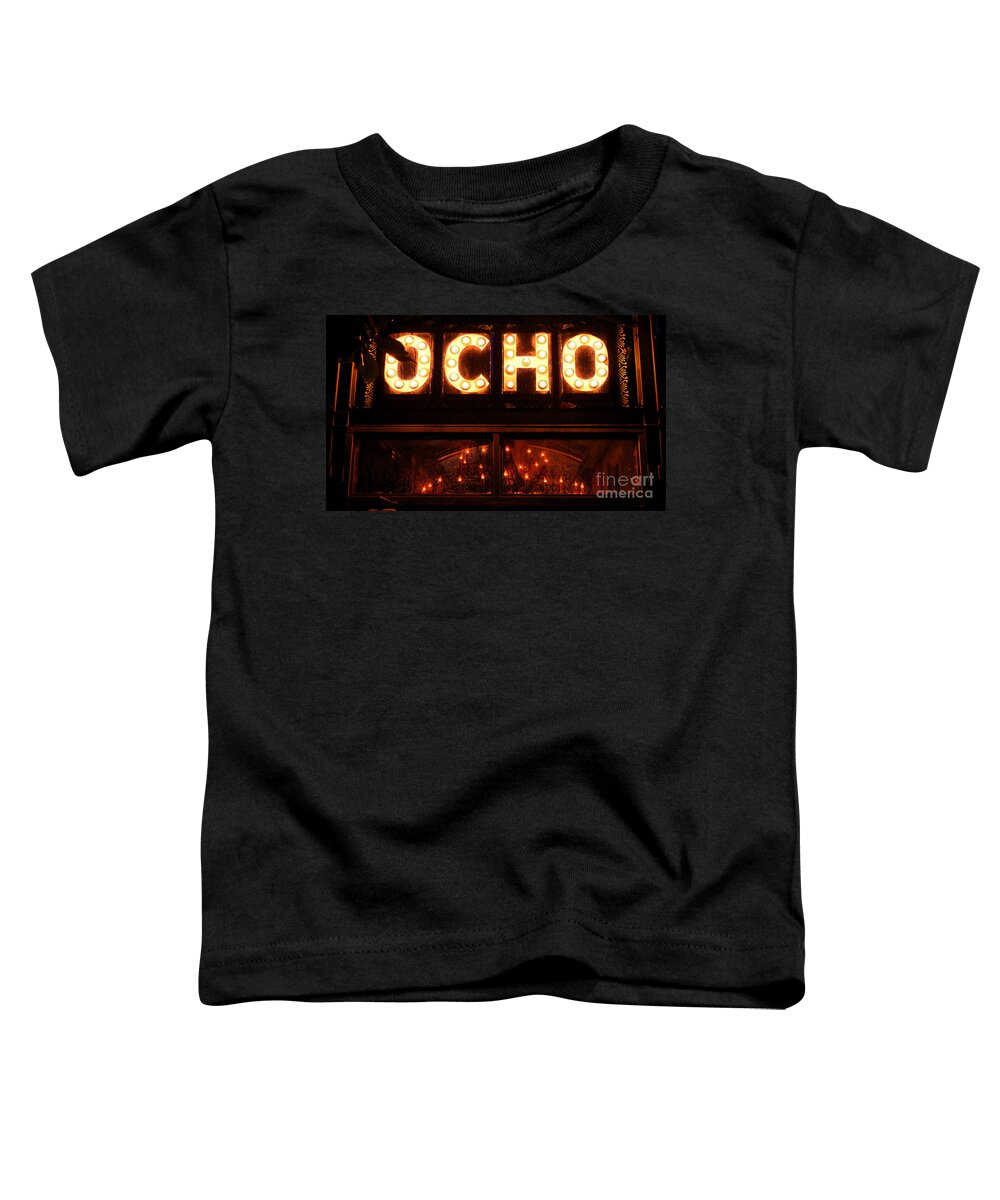 Travelpixpro San Antonio Toddler T-Shirt featuring the digital art OCHO San Antonio Restaurant Entrance Marquee Sign Over Chandelier Ink Outlines Digital Art by Shawn O'Brien