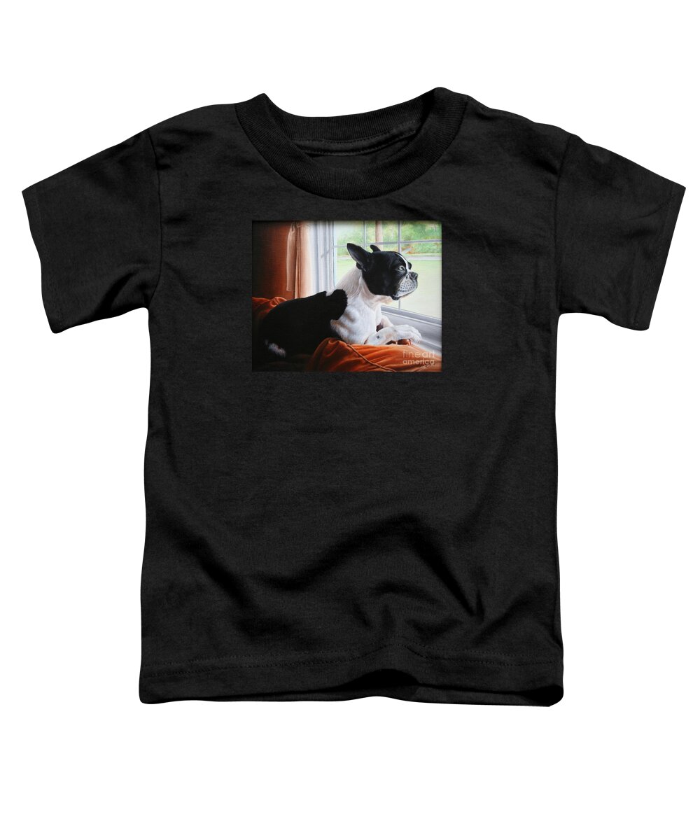 Boston Terrier Toddler T-Shirt featuring the painting Patiently Waiting by Mike Ivey