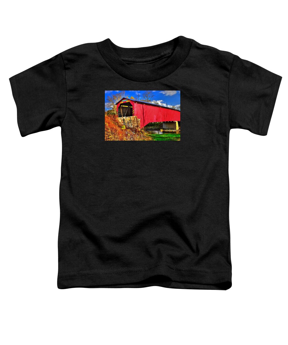 Adairs Covered Bridge Toddler T-Shirt featuring the photograph Pennsylvania Country Roads - Adairs Covered Bridge Over Sherman Creek - Perry County by Michael Mazaika