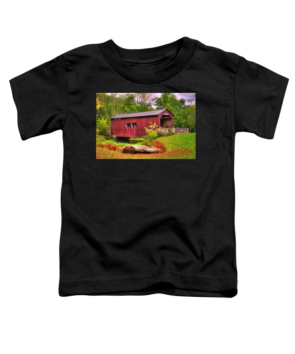 Everhart Covered Bridge Toddler T-Shirt featuring the photograph Pennsylvania Country Roads - Everhart Covered Bridge at Fort Hunter - Harrisburg Dauphin County by Michael Mazaika