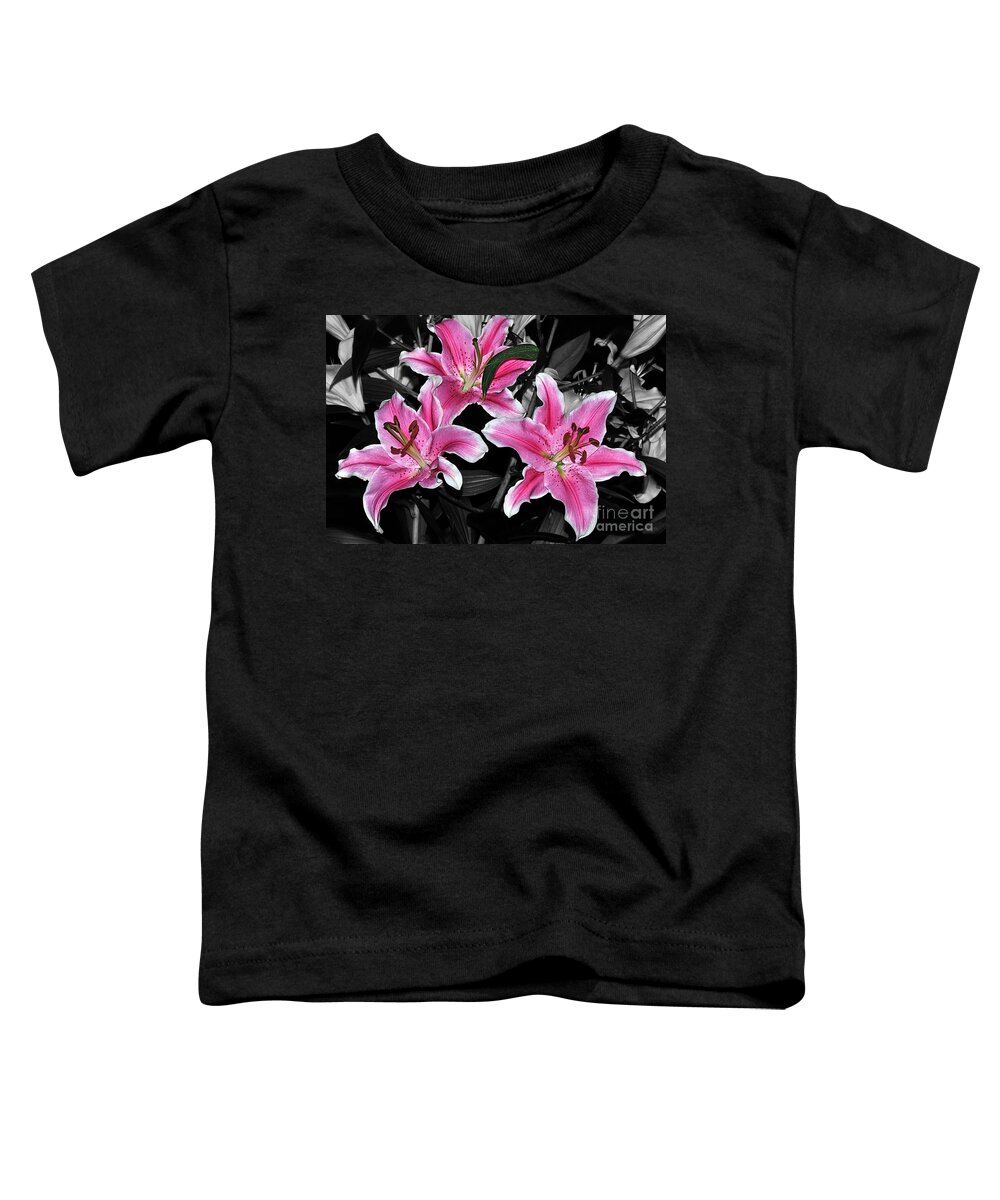 Photography Toddler T-Shirt featuring the photograph Pink Lilies on Black and White by Kaye Menner