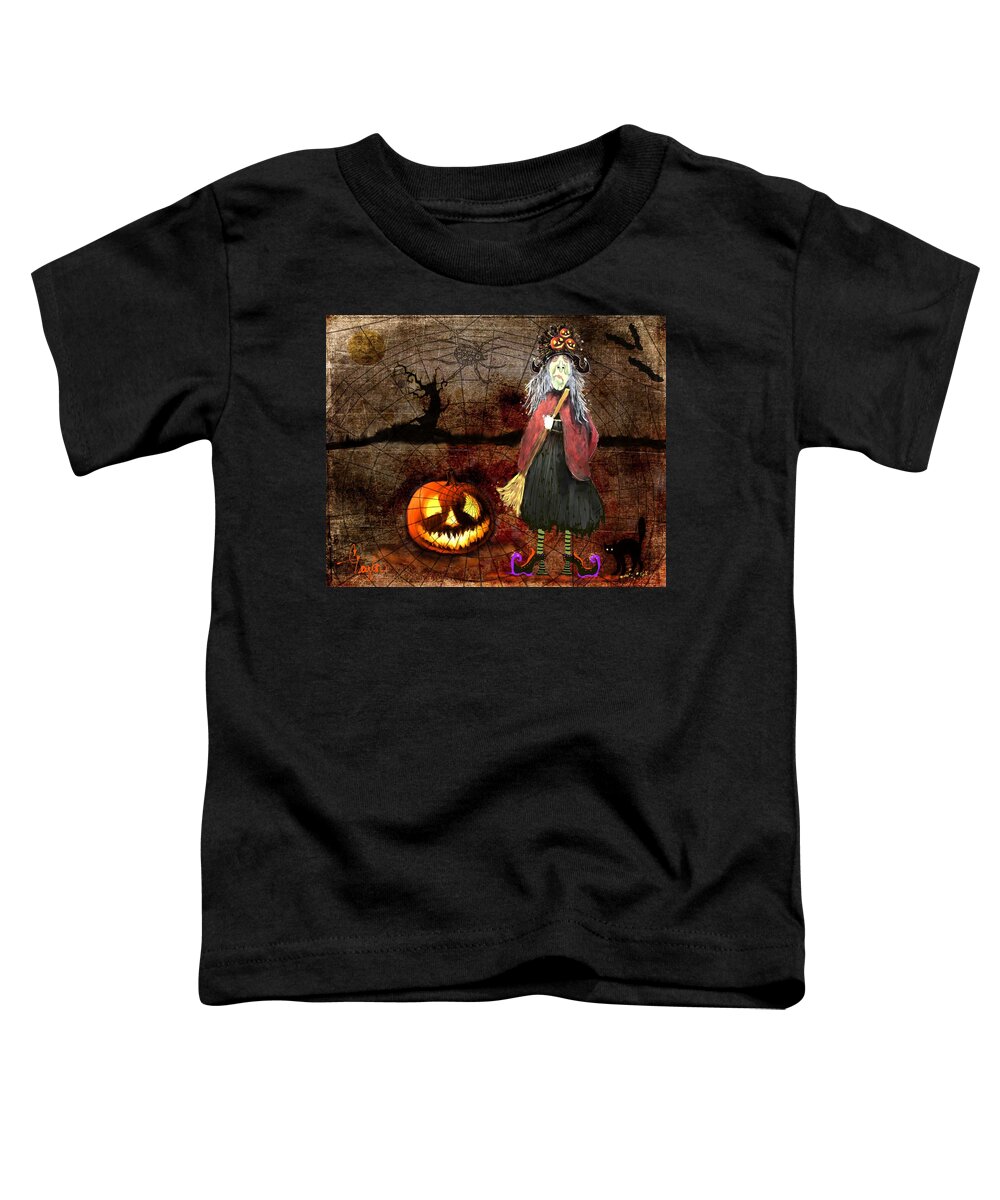 Halloween Toddler T-Shirt featuring the painting Pumpkinella The Magical Good Witch and Her Magical Cat by Colleen Taylor