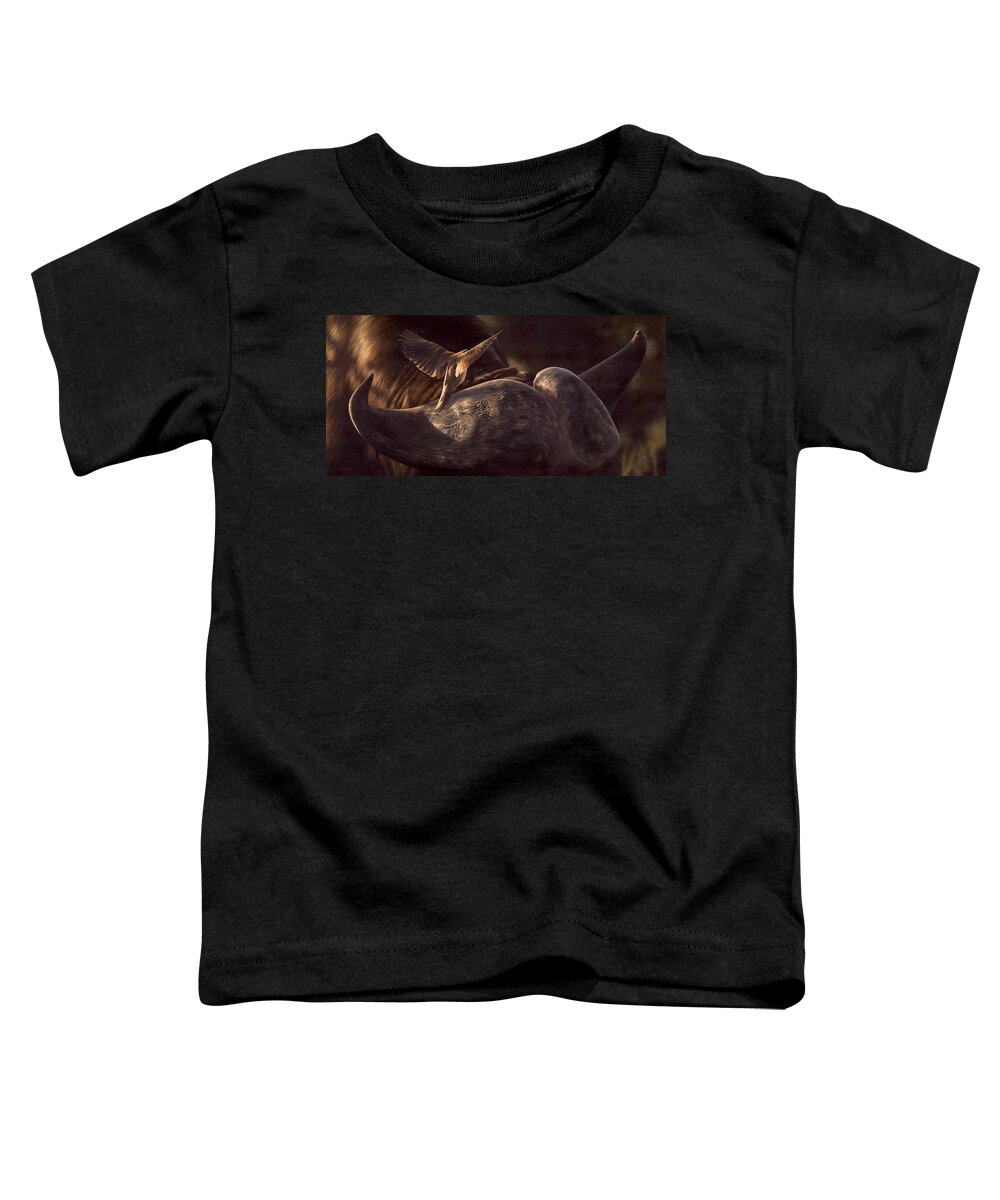 Buffalo Toddler T-Shirt featuring the painting Red-Billed Oxpecker and Cape Buffalo Painting by Rachel Stribbling