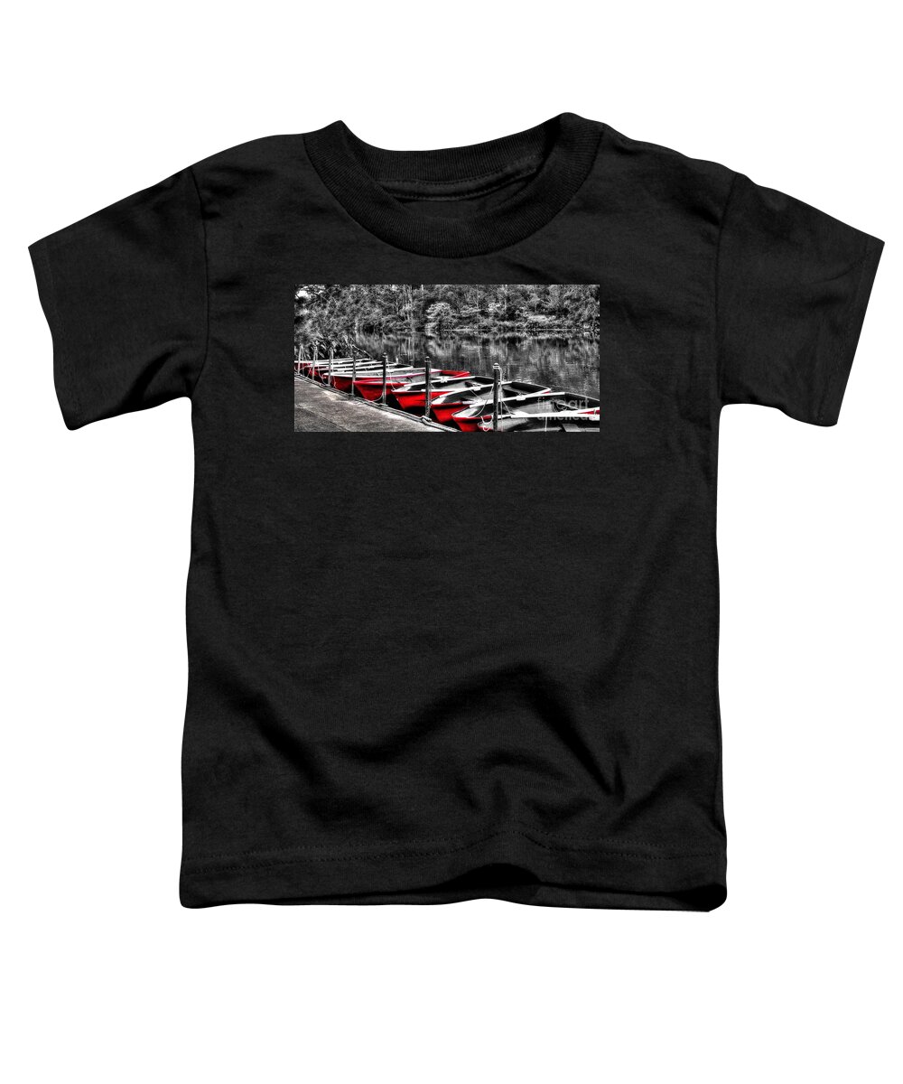 Photography Toddler T-Shirt featuring the photograph Row of Red Rowing Boats by Kaye Menner