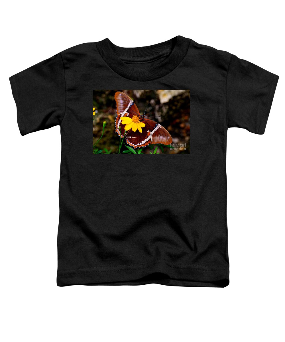 Yellow Flower Toddler T-Shirt featuring the photograph Rusty-tipped Page Butterfly by AnnaJo Vahle