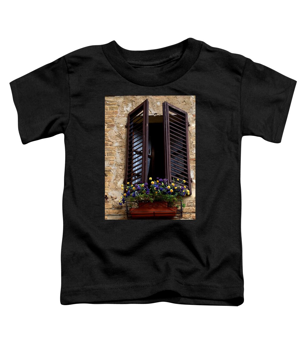 Italy Toddler T-Shirt featuring the photograph Shutters and Flowers by Caroline Stella