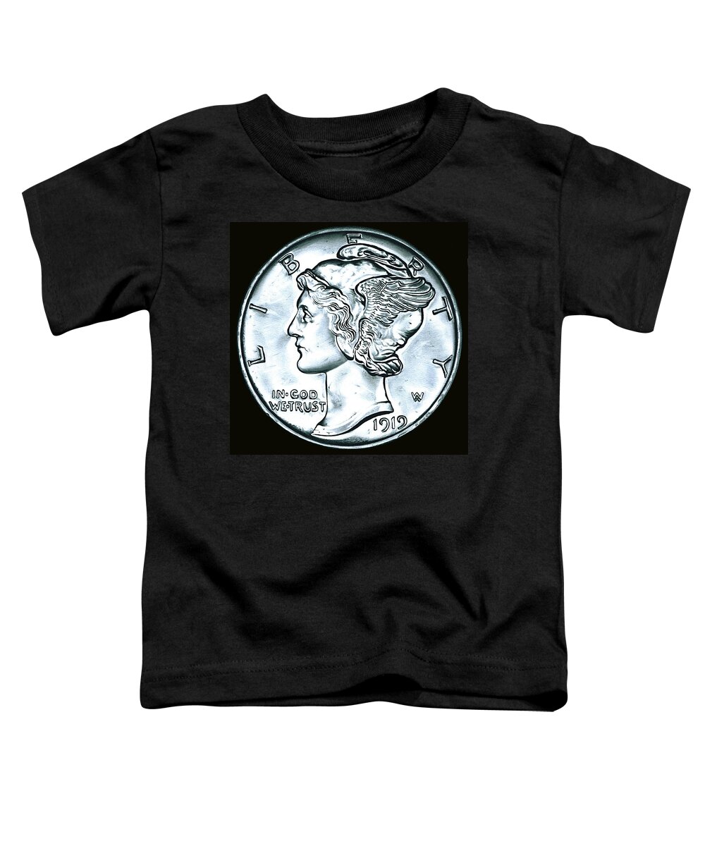 Coin Toddler T-Shirt featuring the drawing Black Silver Mercury Dime by Fred Larucci