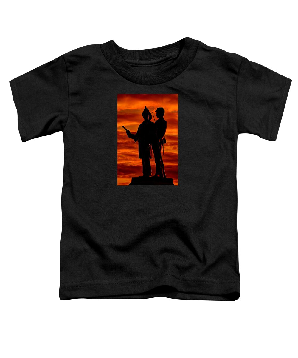 Civil War Toddler T-Shirt featuring the photograph Sky Fire - 73rd NY Infantry Fourth Excelsior Second Fire Zouaves-B1 Sunrise Autumn Gettysburg by Michael Mazaika