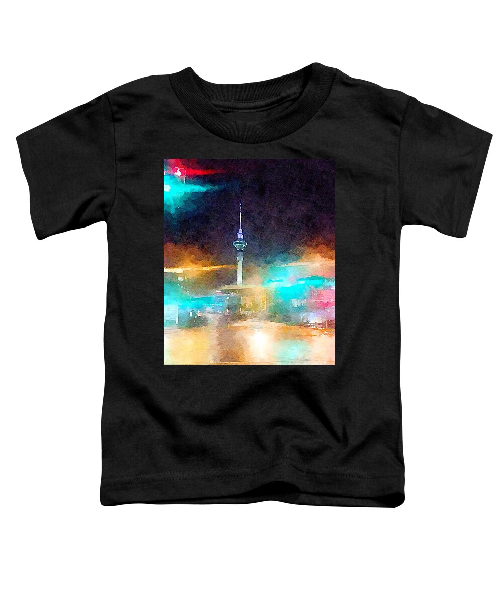 Sky Tower Toddler T-Shirt featuring the painting Sky Tower by night by HELGE Art Gallery