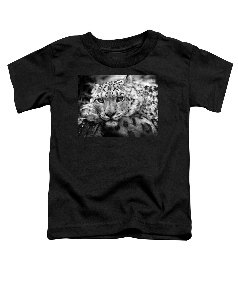 Animal Toddler T-Shirt featuring the photograph Snow Leopard in black and white by Chris Boulton