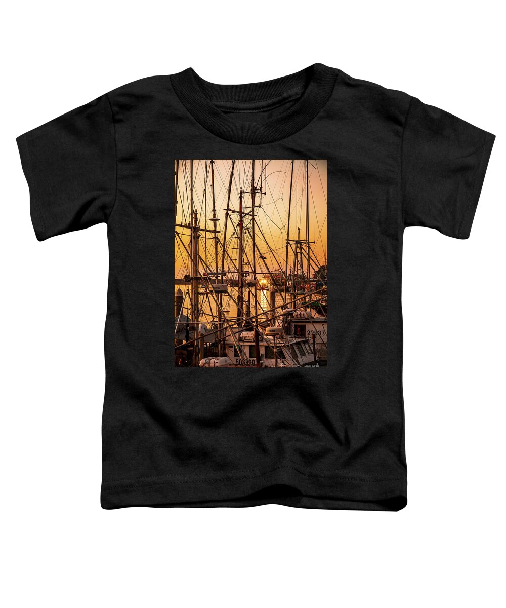 Sunset Boat Dock Toddler T-Shirt featuring the photograph Sunset Boat Masts at Dock Morro Bay Marina Fine Art Photography Print sale by Jerry Cowart