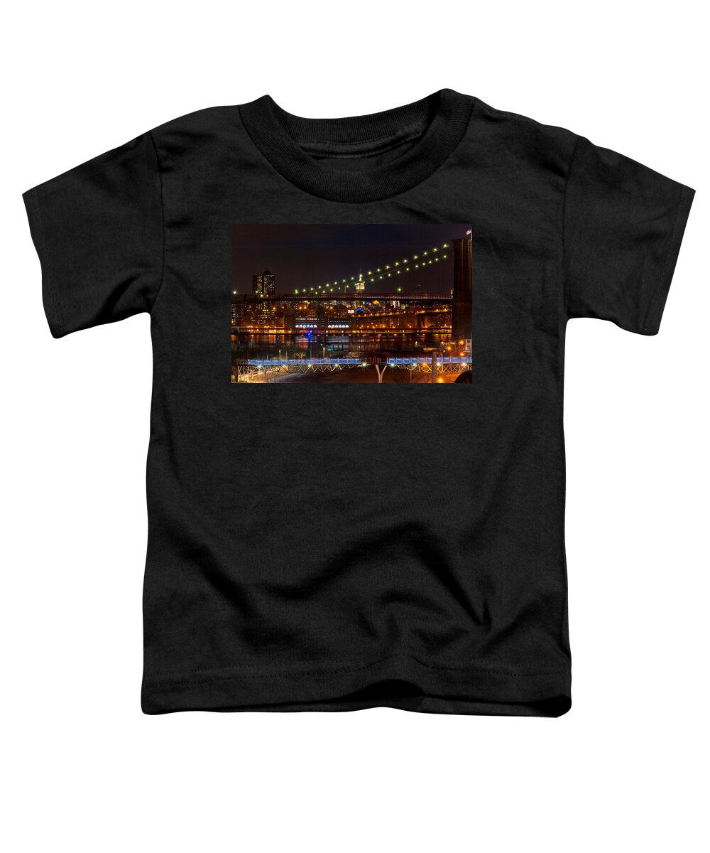 Amazing Brooklyn Bridge Photos Toddler T-Shirt featuring the photograph The Empire State Building Framed by the Brooklyn Bridge by Mitchell R Grosky
