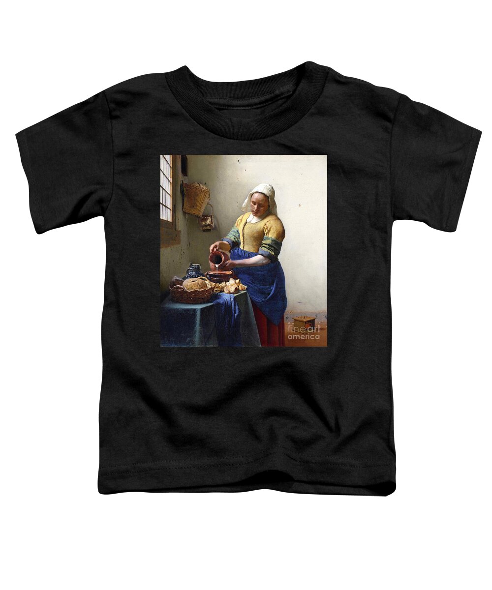 Female Portrait; Kitchen; Scullery; Interior; Bread Basket; Table; Loaf; Bonnet; Servant; Pouring; Milk; Maid; Domestic; Rustic; La Laitiere Toddler T-Shirt featuring the painting The Milkmaid by Jan Vermeer