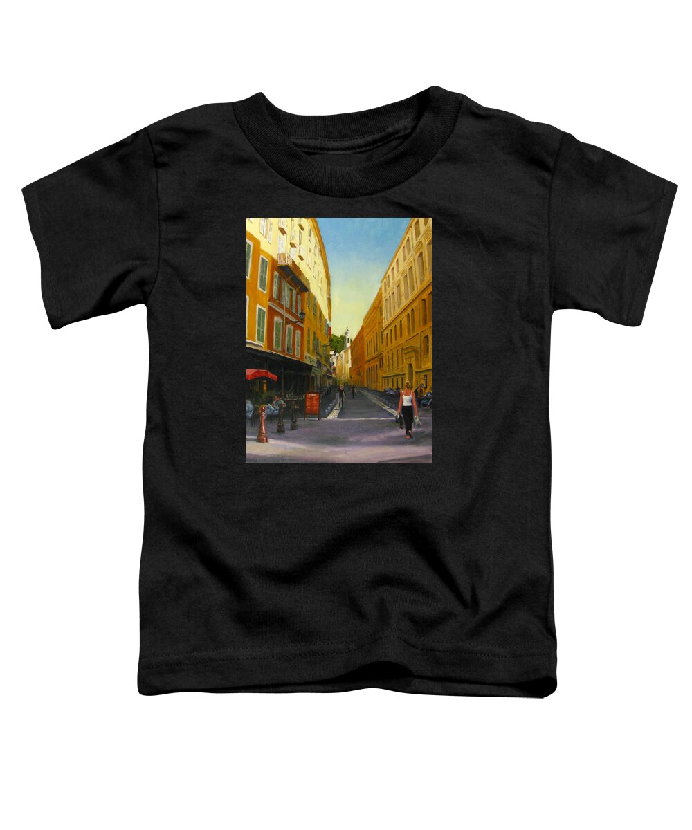 Nice Toddler T-Shirt featuring the painting The Morning's Shopping in Vieux Nice by Connie Schaertl